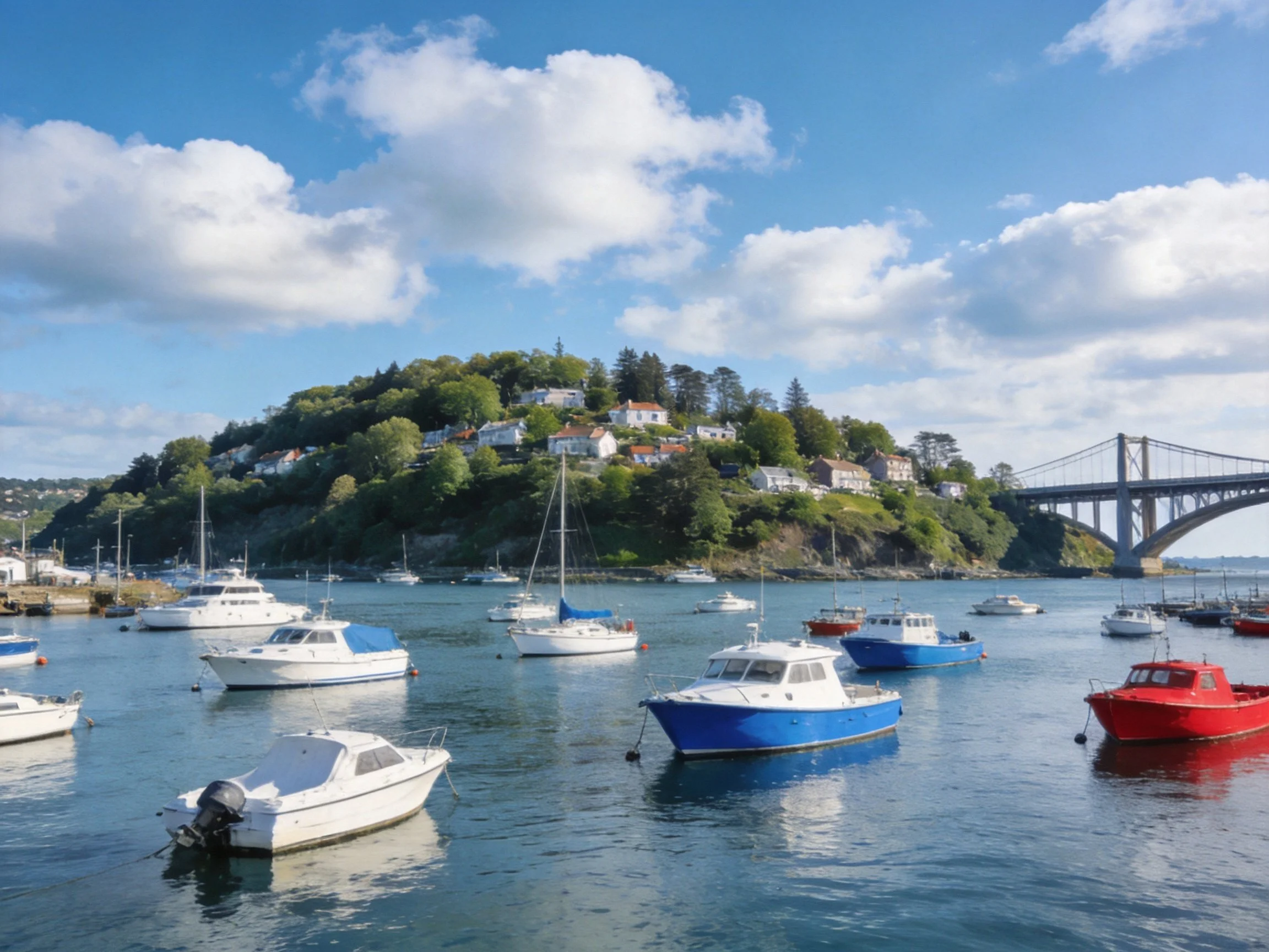 Colorful boats float in a bay near a forested hill with a bridge