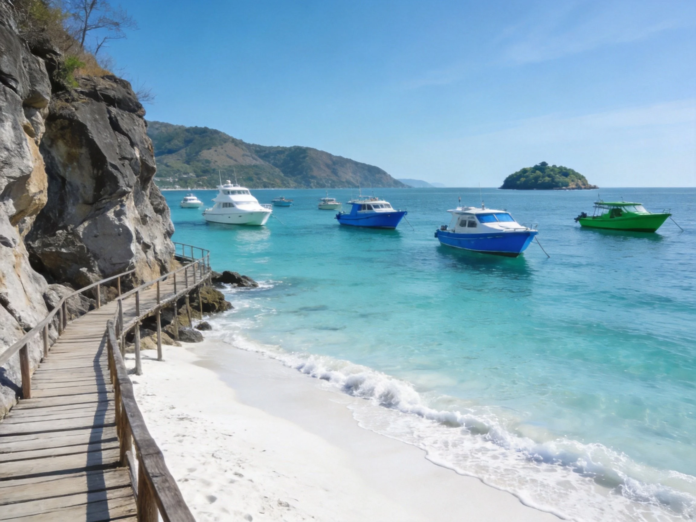 Colorful boats float in turquoise waters by a sandy beach with a wooden walkway