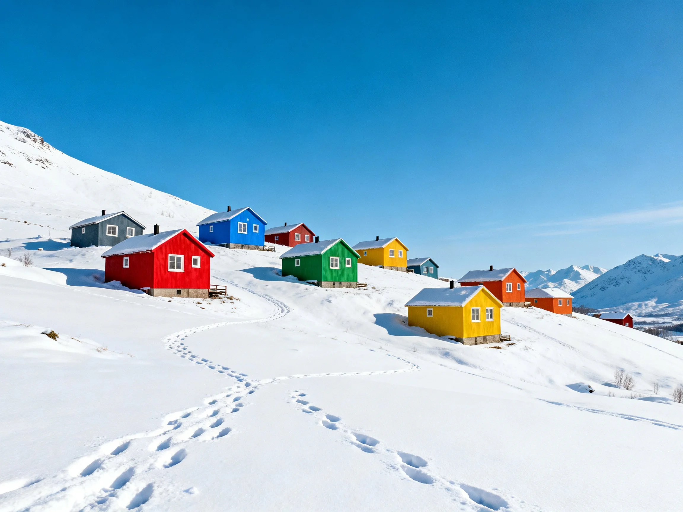 Colorful cabins scattered on a snowy mountain slope