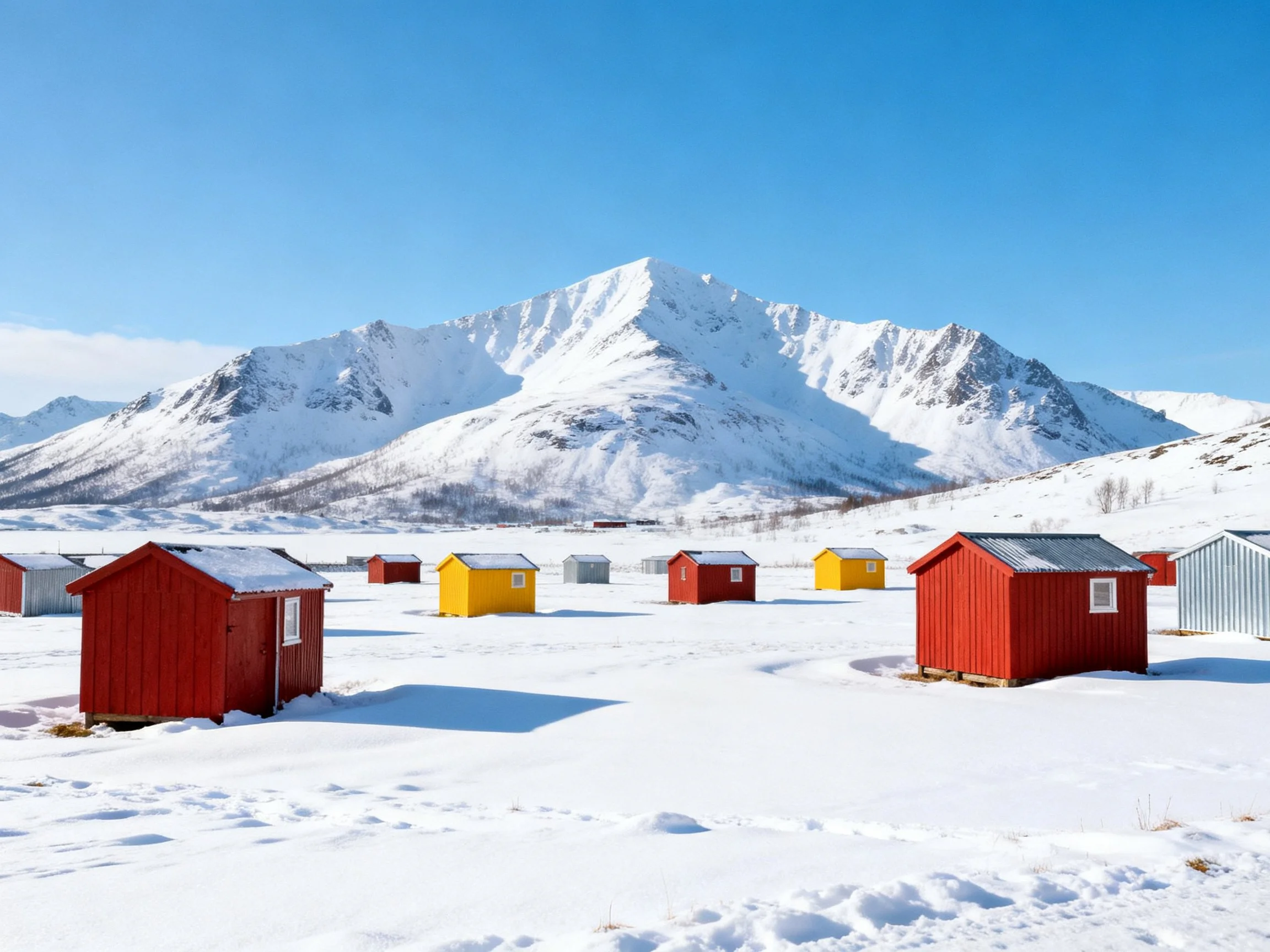 Colorful cabins scattered on snowy terrain near towering mountain peaks