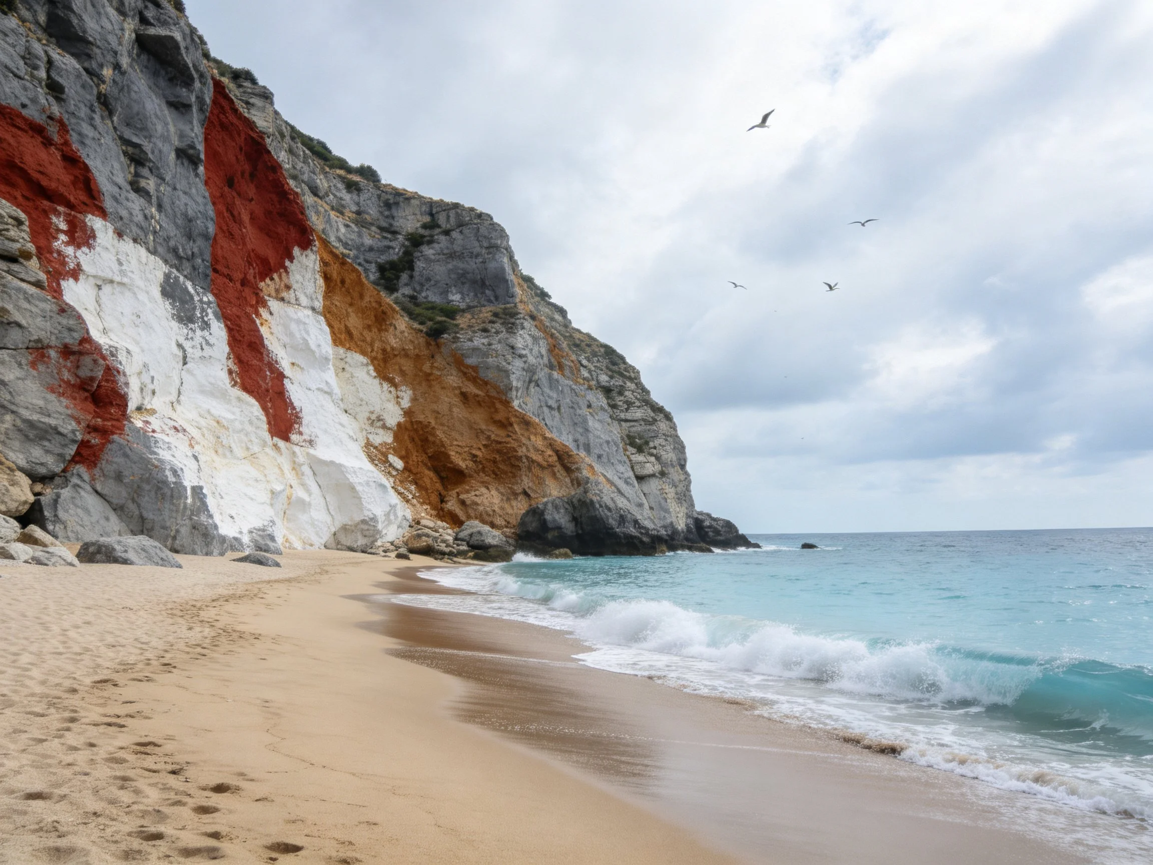 Colorful cliffside beach with turquoise waters and sandy shore