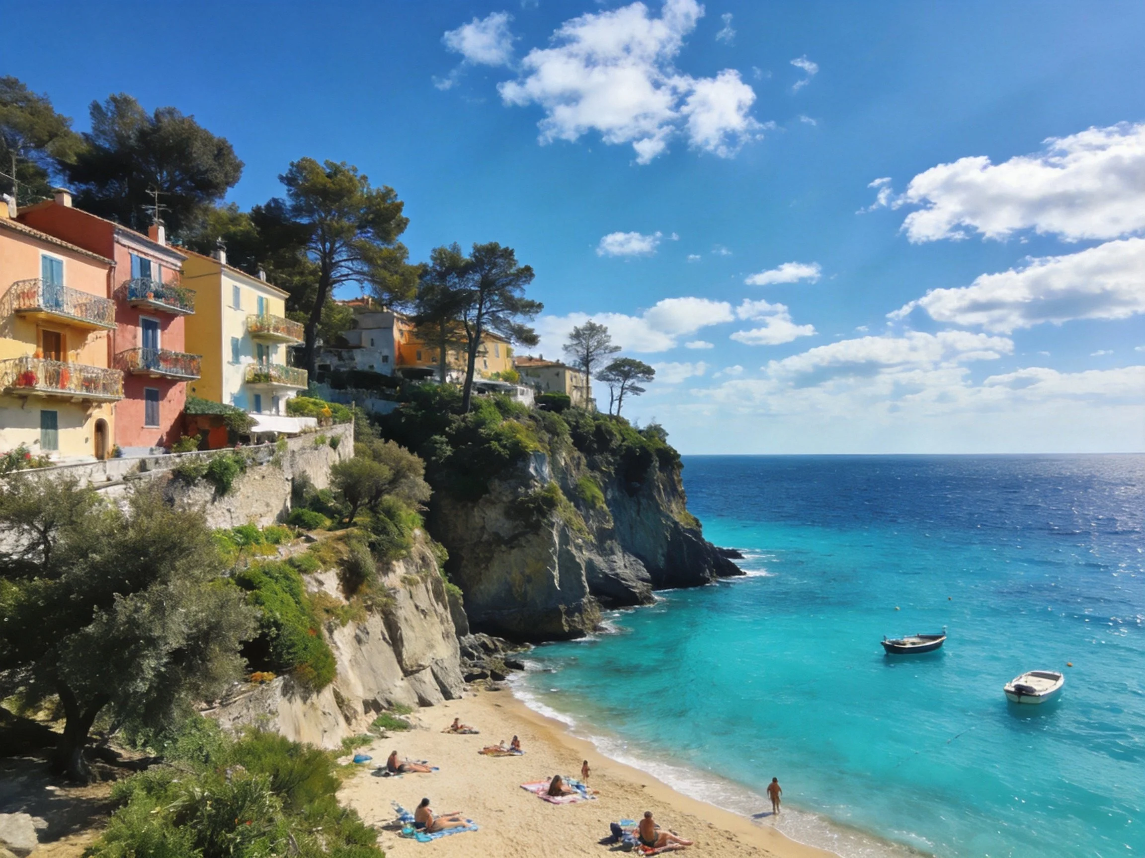 Colorful cliffside homes overlook a turquoise beach with sandy shore