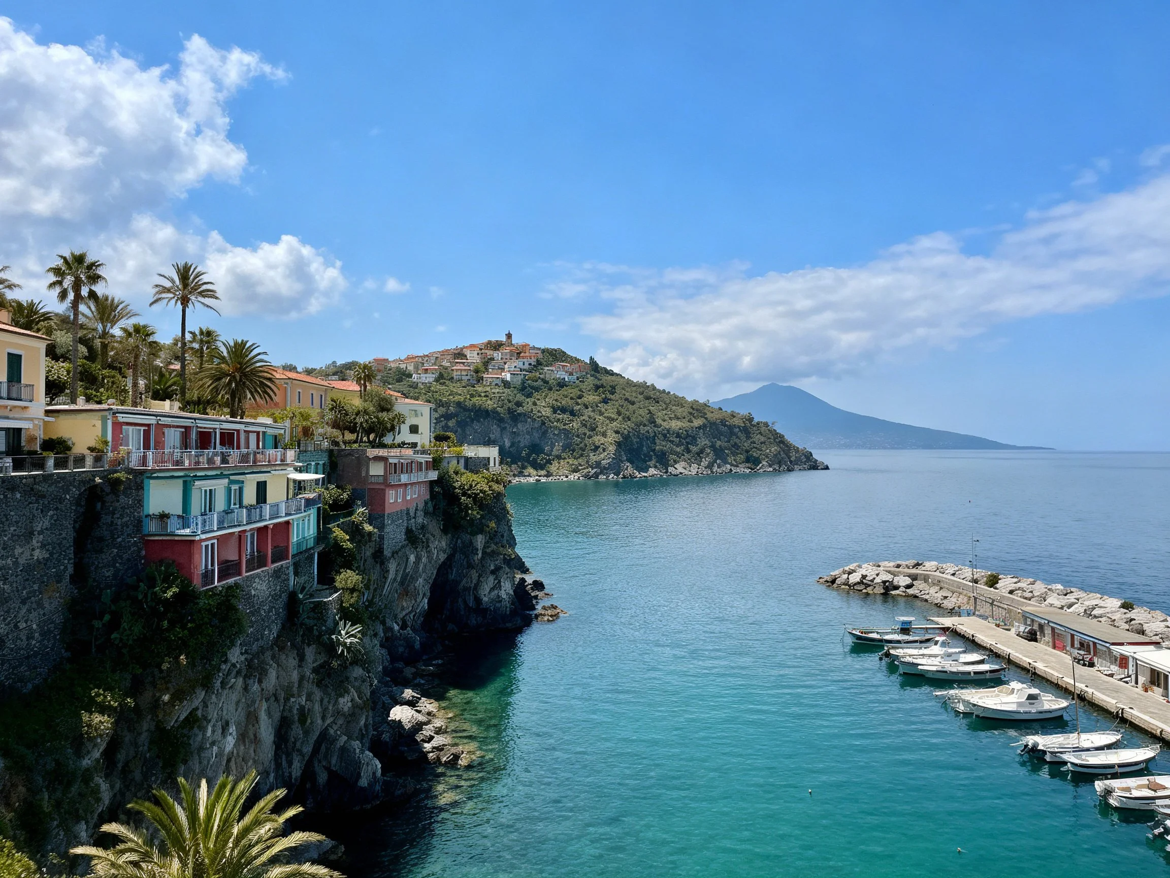 Colorful cliffside homes overlook turquoise waters near rocky marina