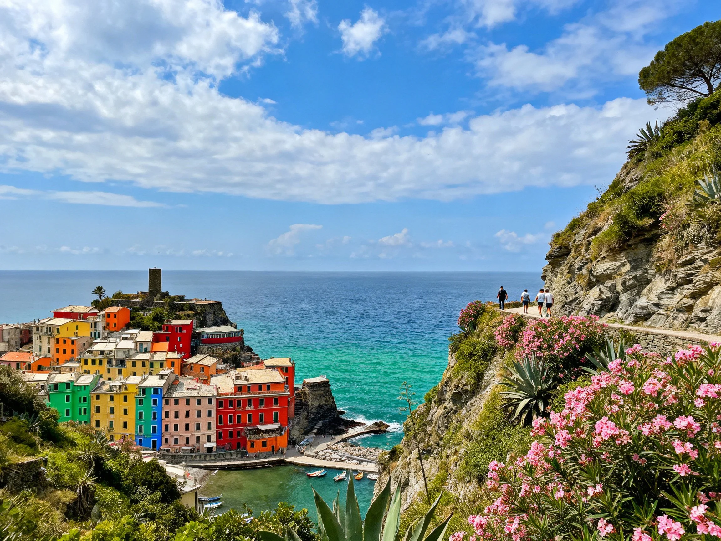 Colorful cliffside village with five distinct houses overlooking turquoise waters