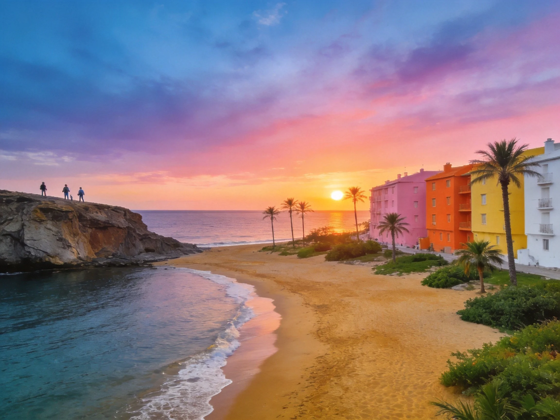 Colorful coastal buildings near sandy beach at sunset