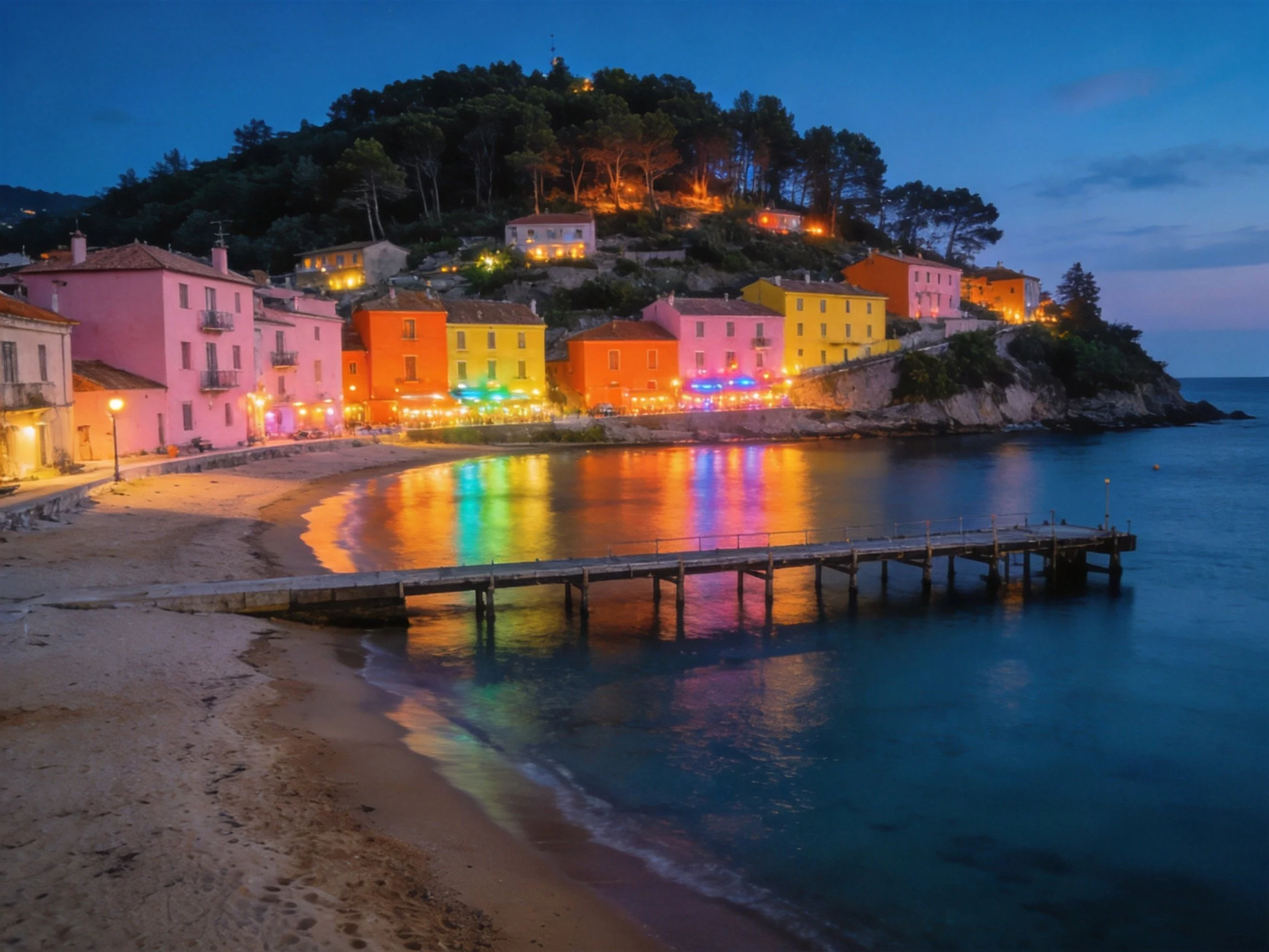 Colorful coastal buildings reflect lights on tranquil waters