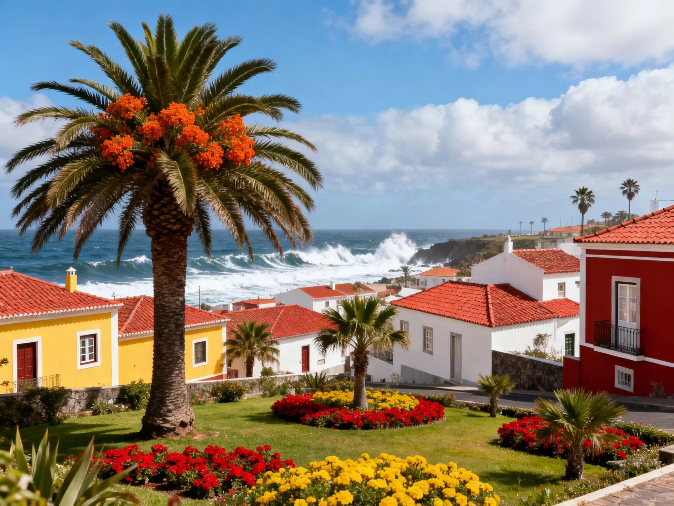 Colorful coastal homes with palm trees and ocean waves