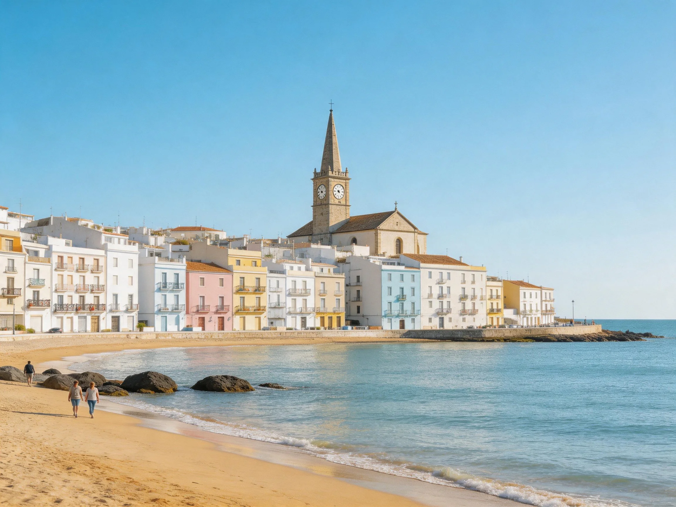 Colorful coastal town with pastel buildings and clock tower by sandy beach