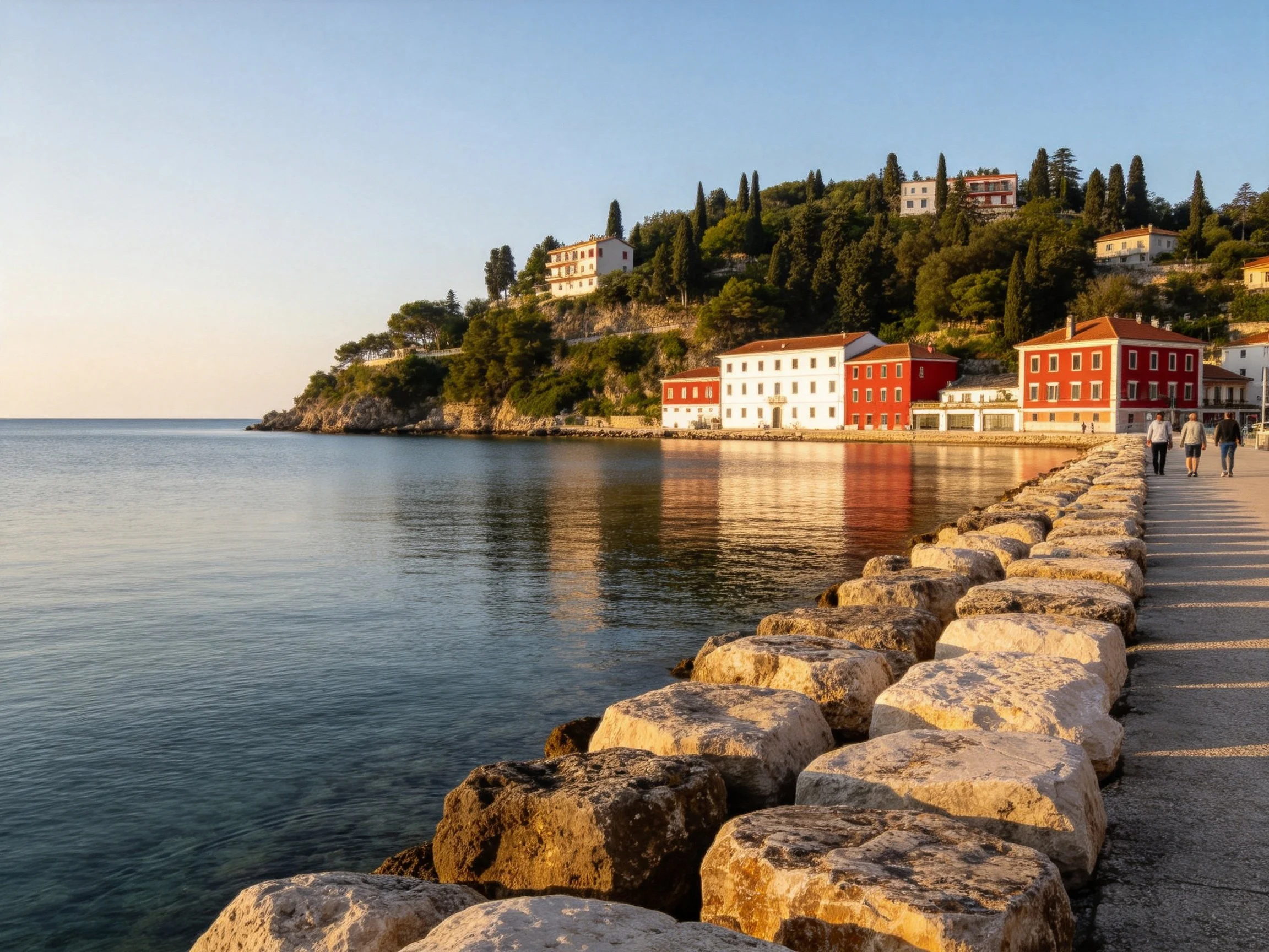 Colorful coastal town with stone pier and hillside homes