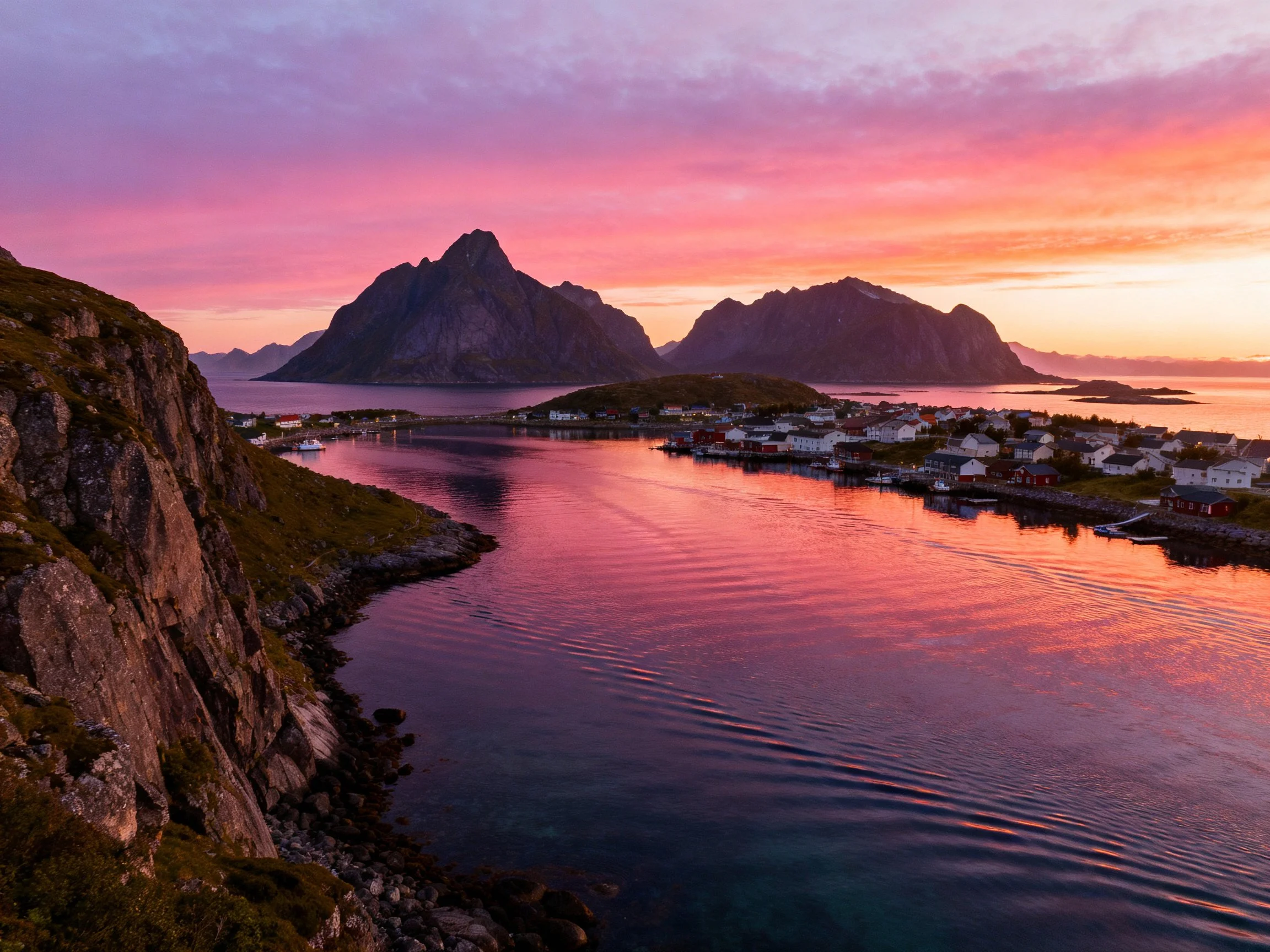 Colorful coastal village beneath dramatic mountain peaks at sunset