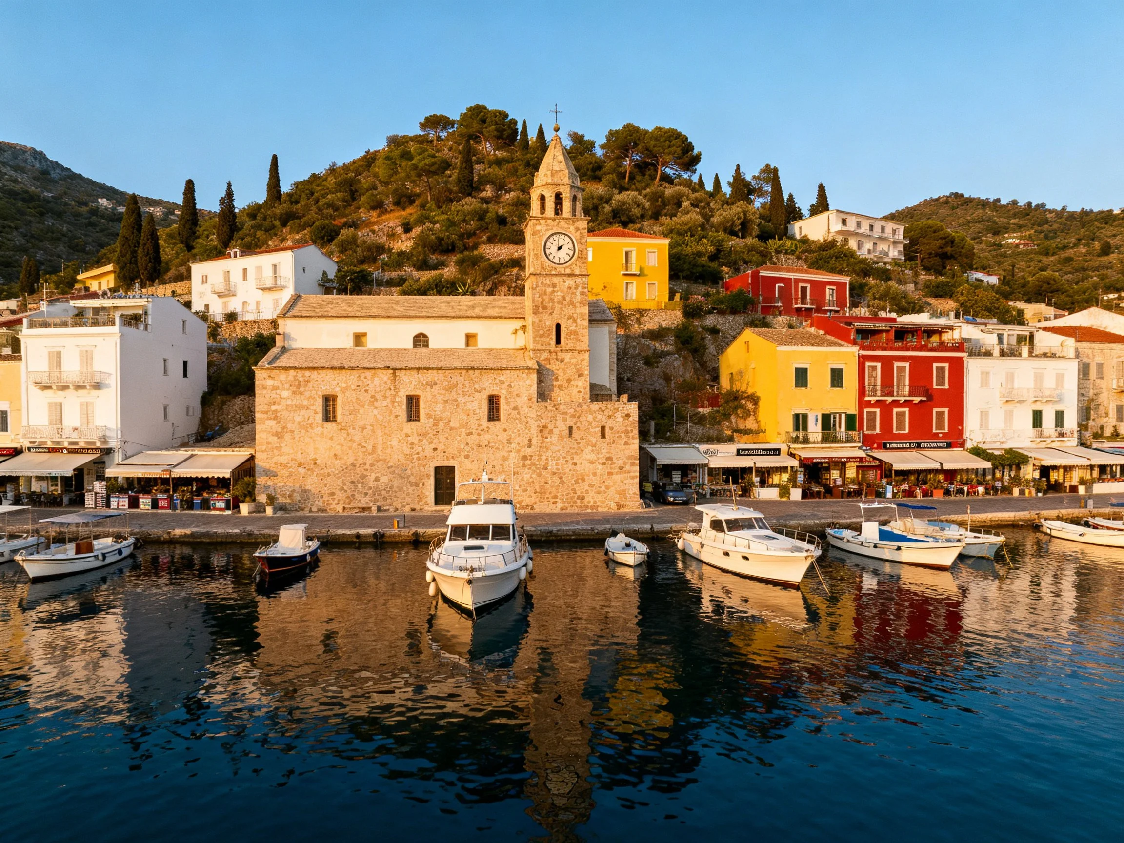 Colorful coastal village with historic stone church and harbor