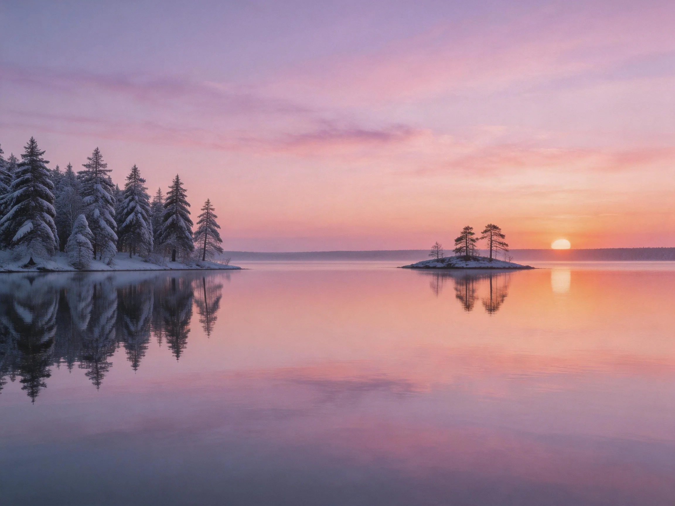 Colorful dawn over snow-cappedtrees and mirror-like lake