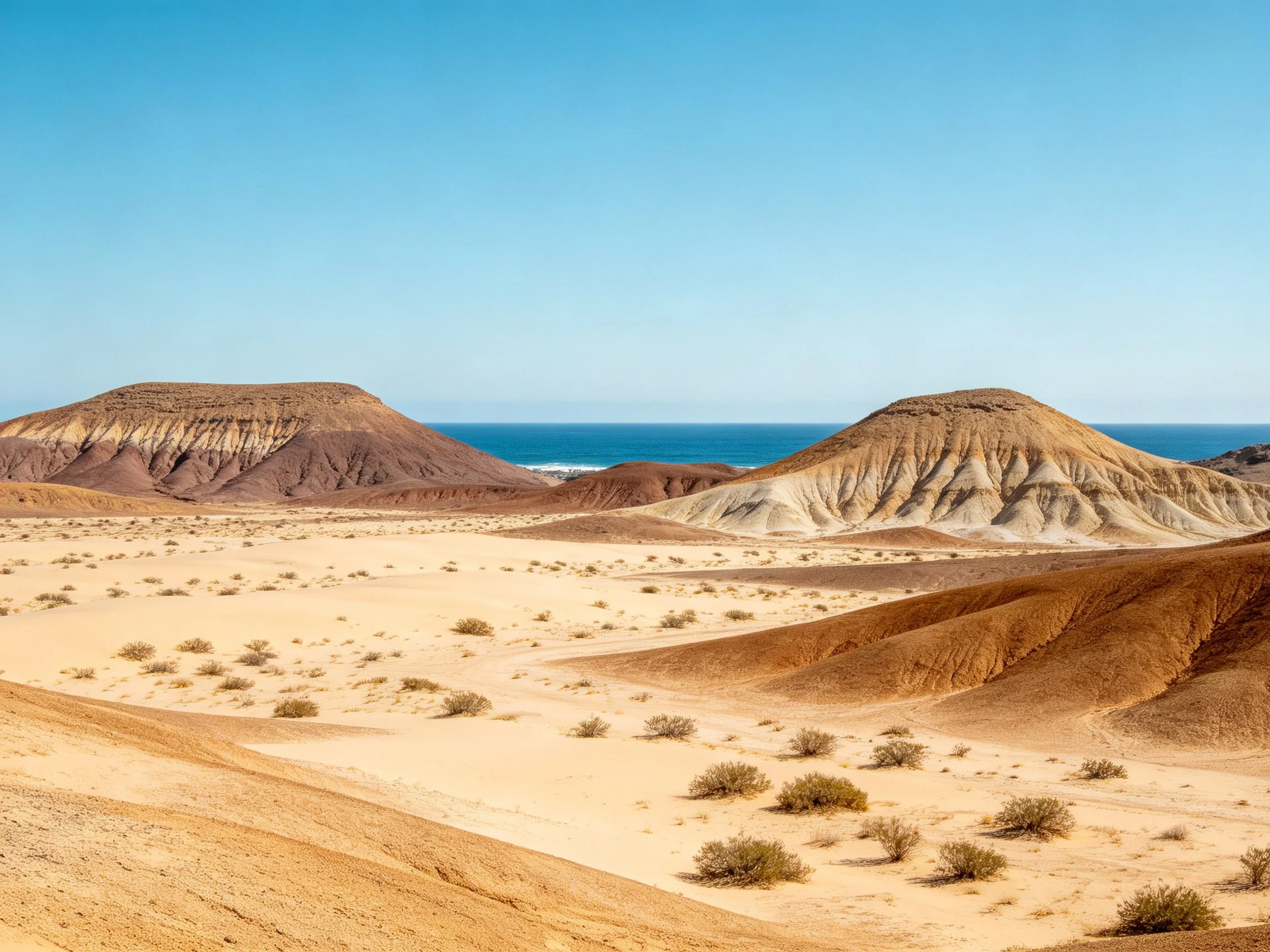 Colorful desert mounds with sandy terrain near blue ocean horizon