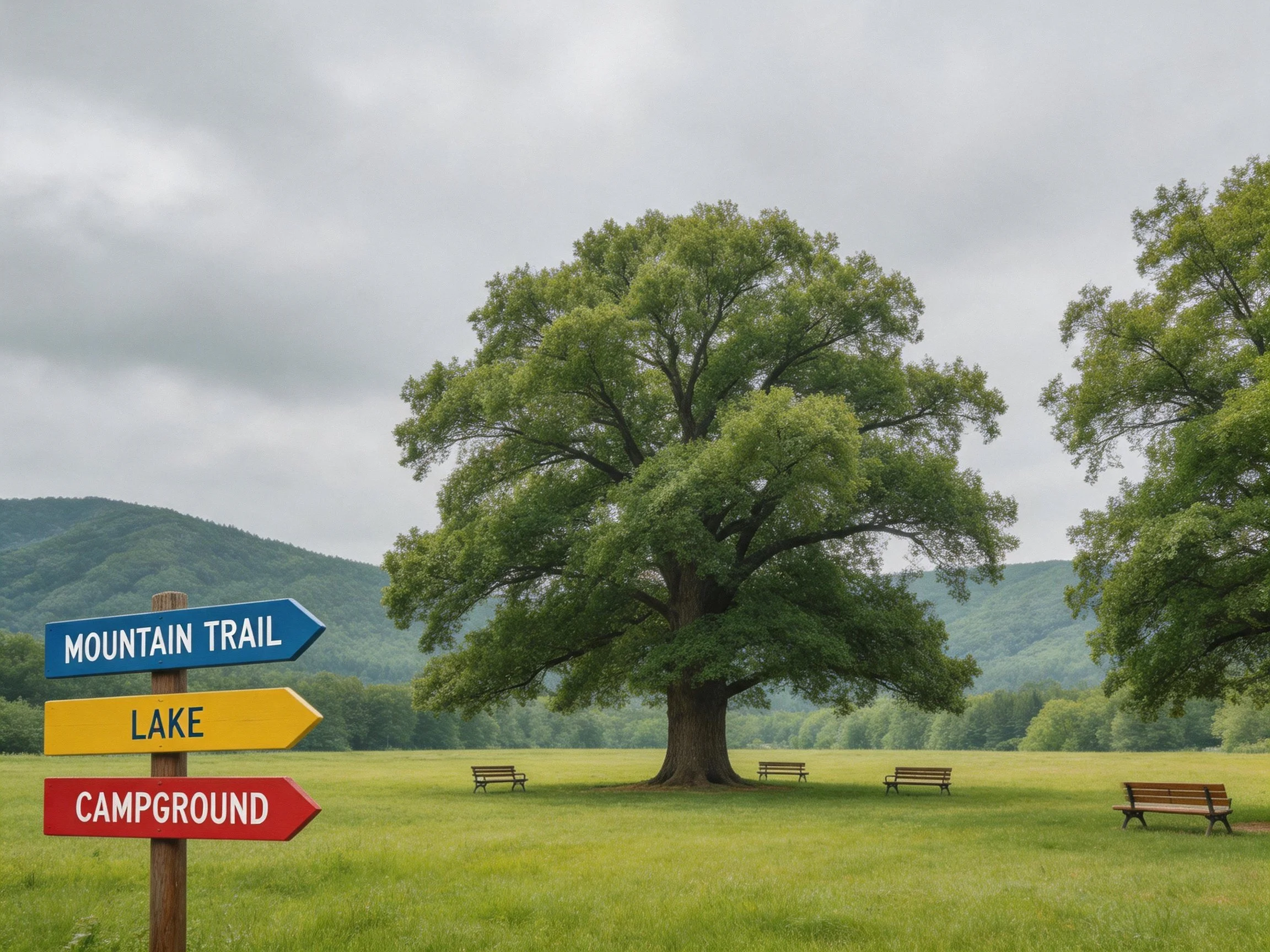 Colorful directional signs near giant oak in grassy meadow