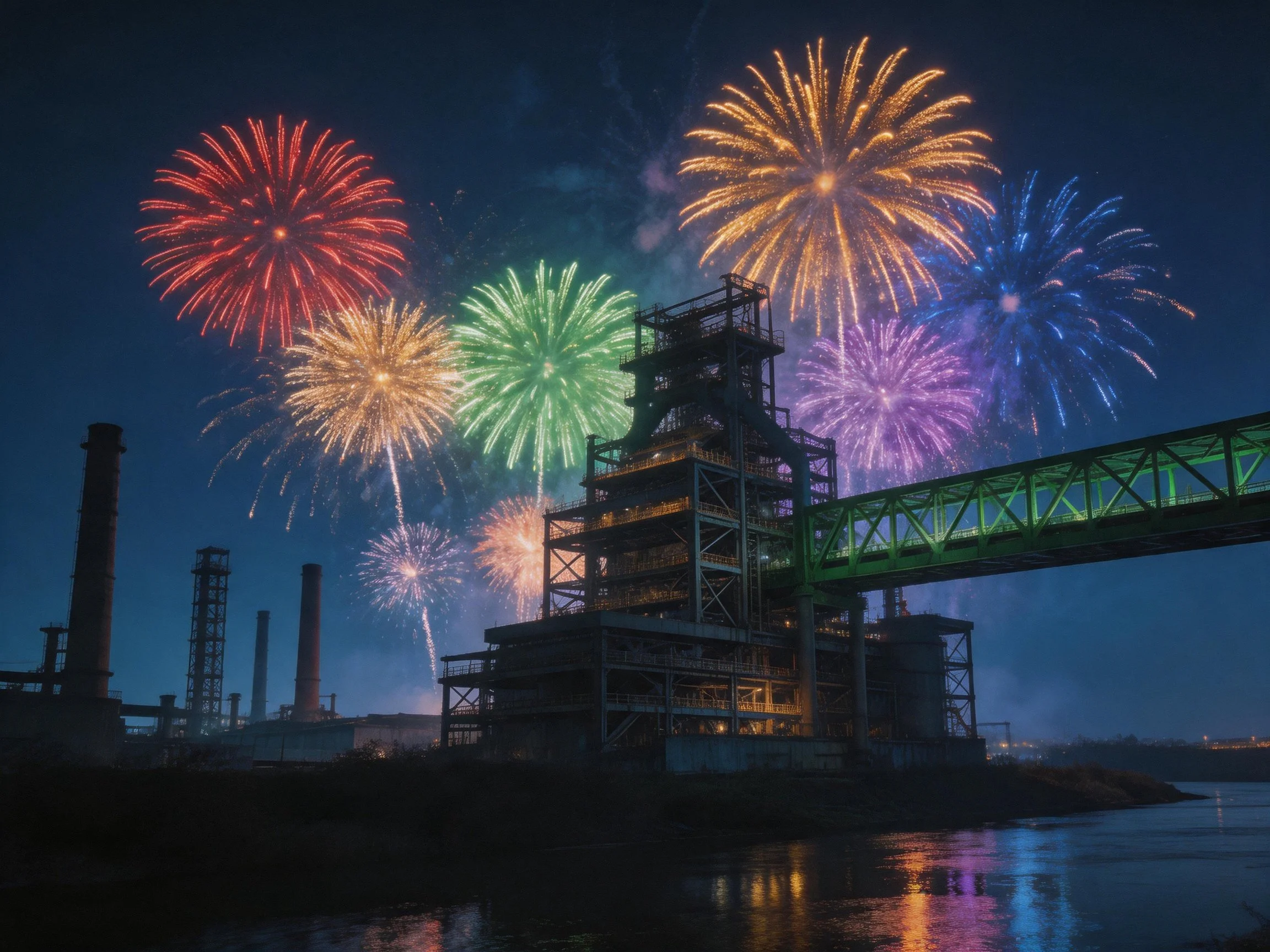 Colorful fireworks illuminate industrial complex by the water