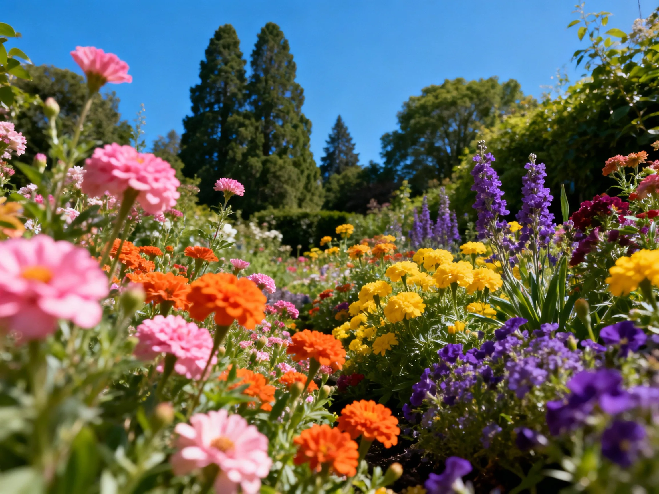 Colorful flower garden with pink, orange, yellow, and purple blooms near tall trees