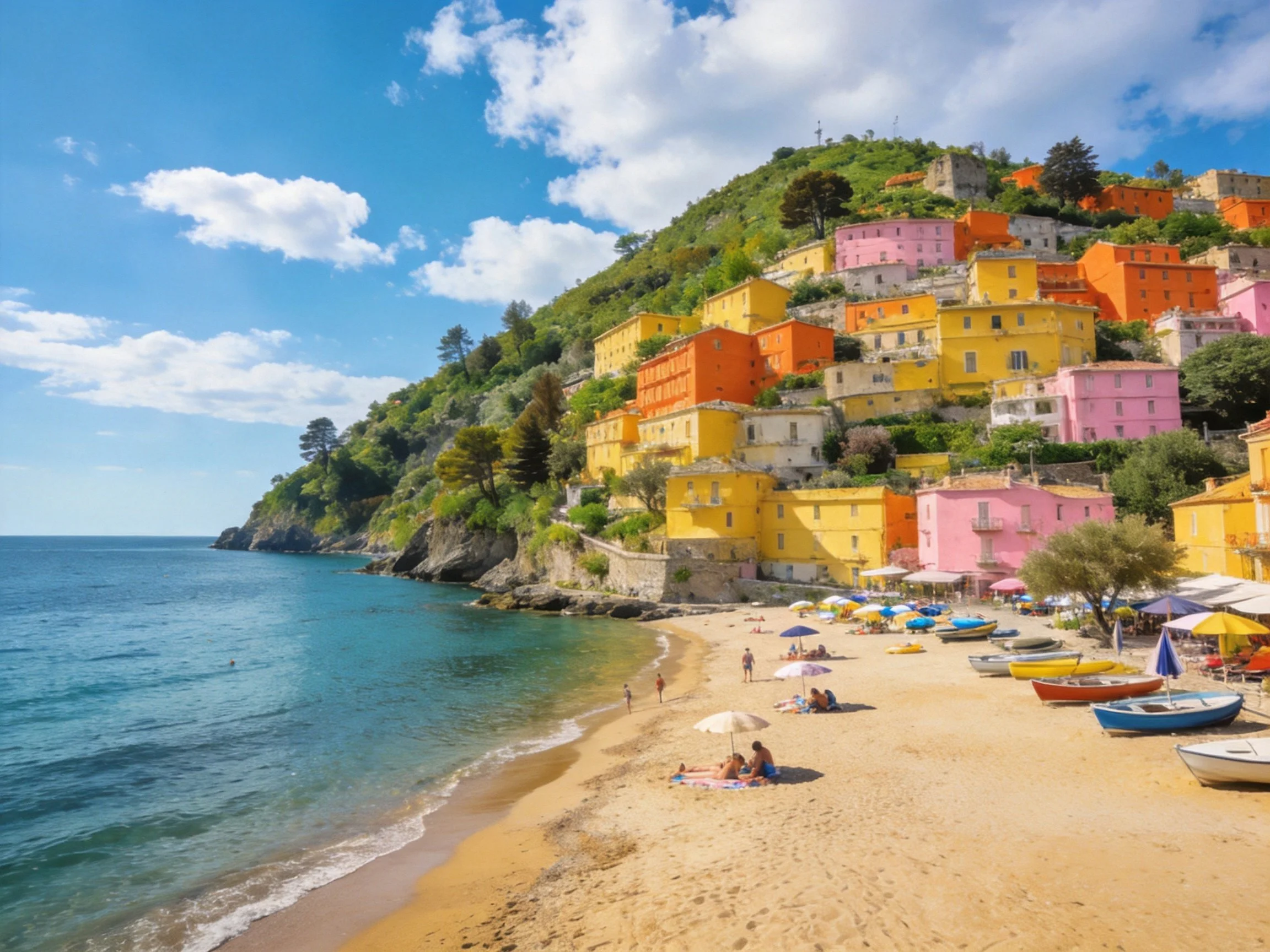 Colorful hillside village overlooks a sandy beach with boats