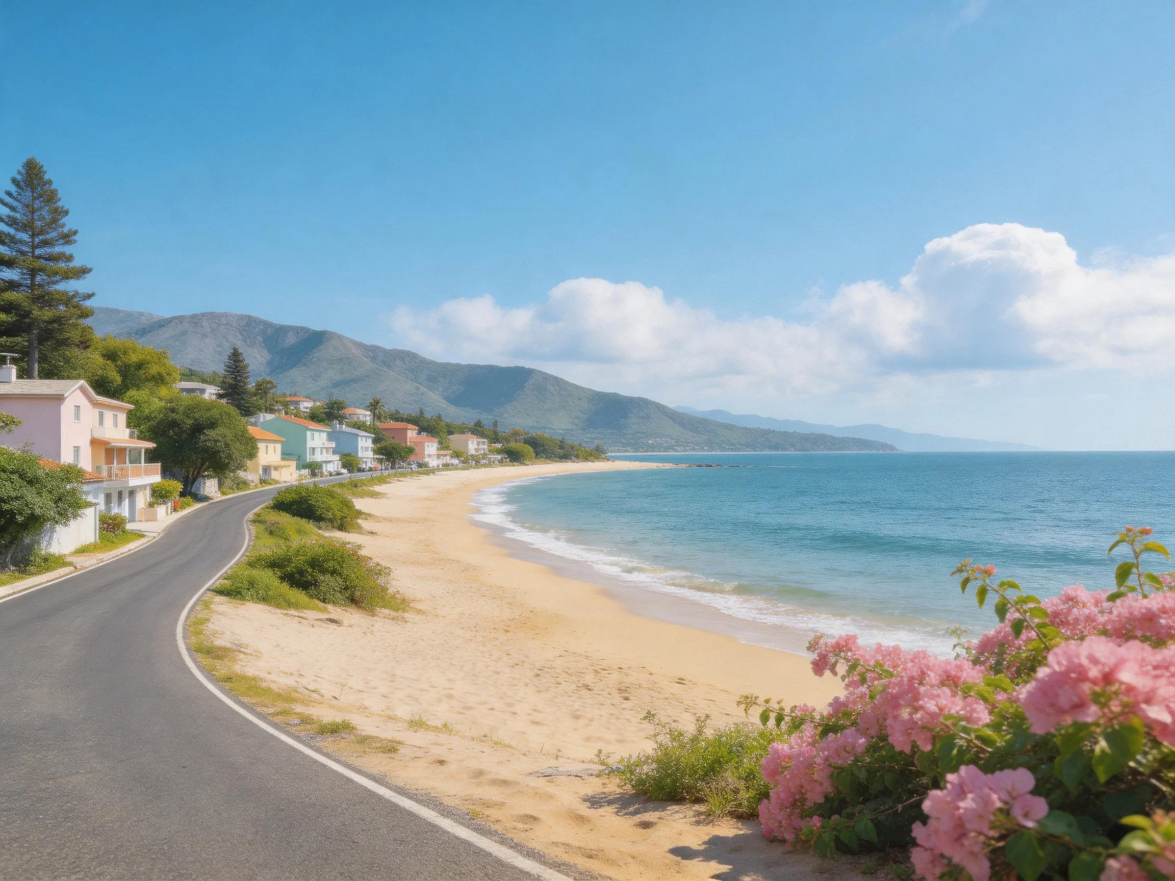 Colorful homes border a coastal road near a sandy beach with mountains