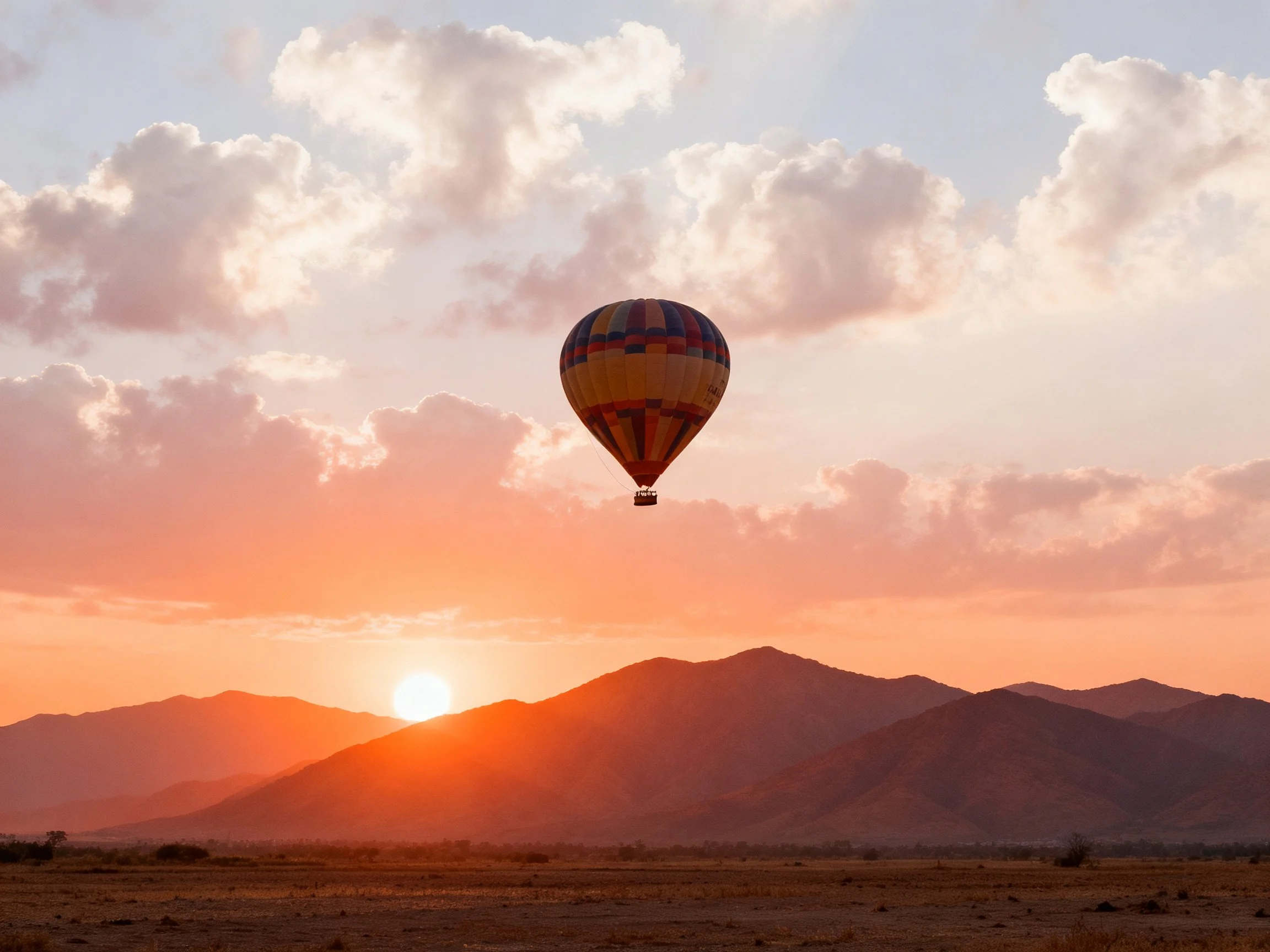 Colorful hot air balloon floating over desert mountains at sunset