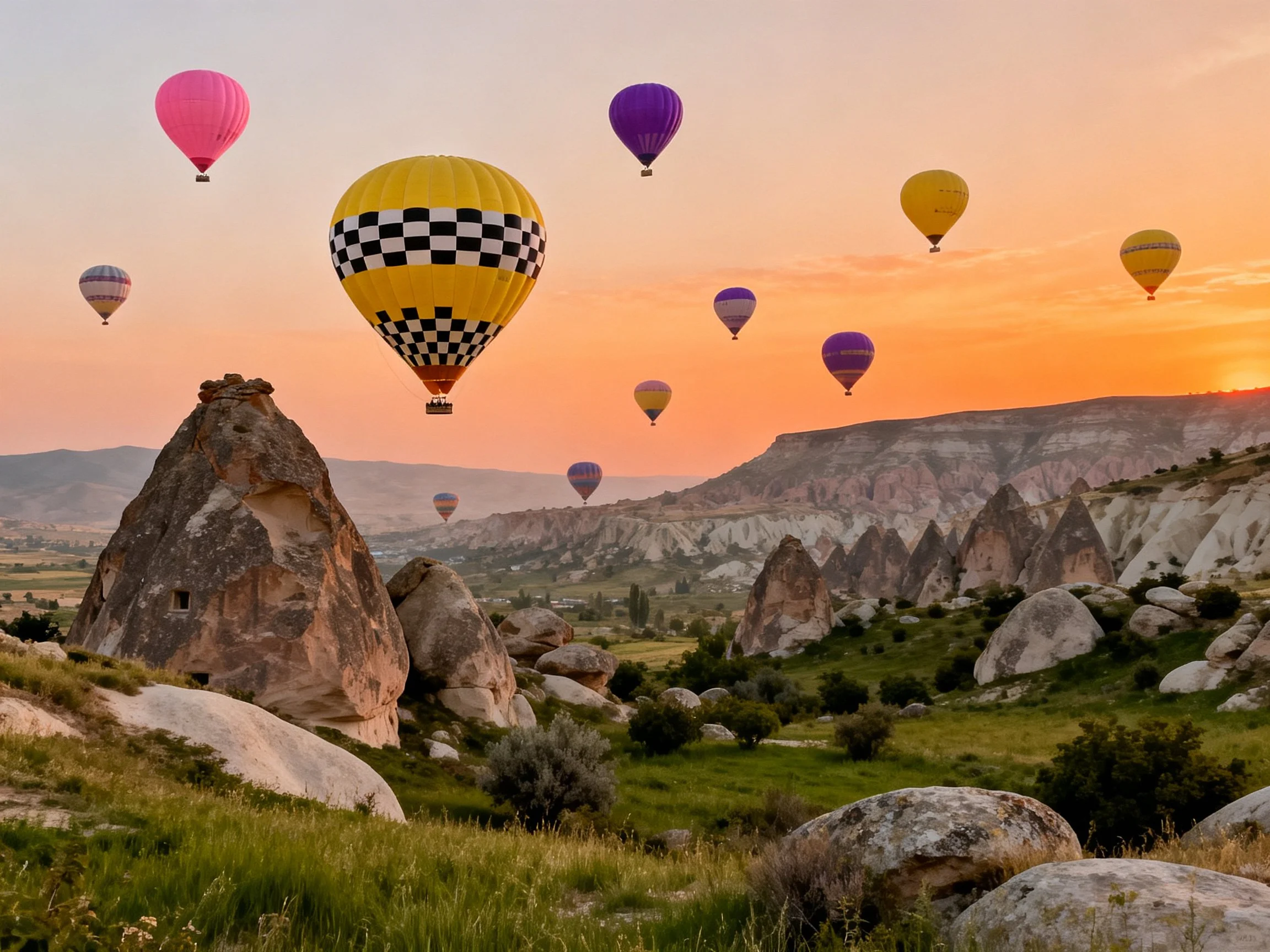 Colorful hot air balloons float above distinctive rock formations at sunrise