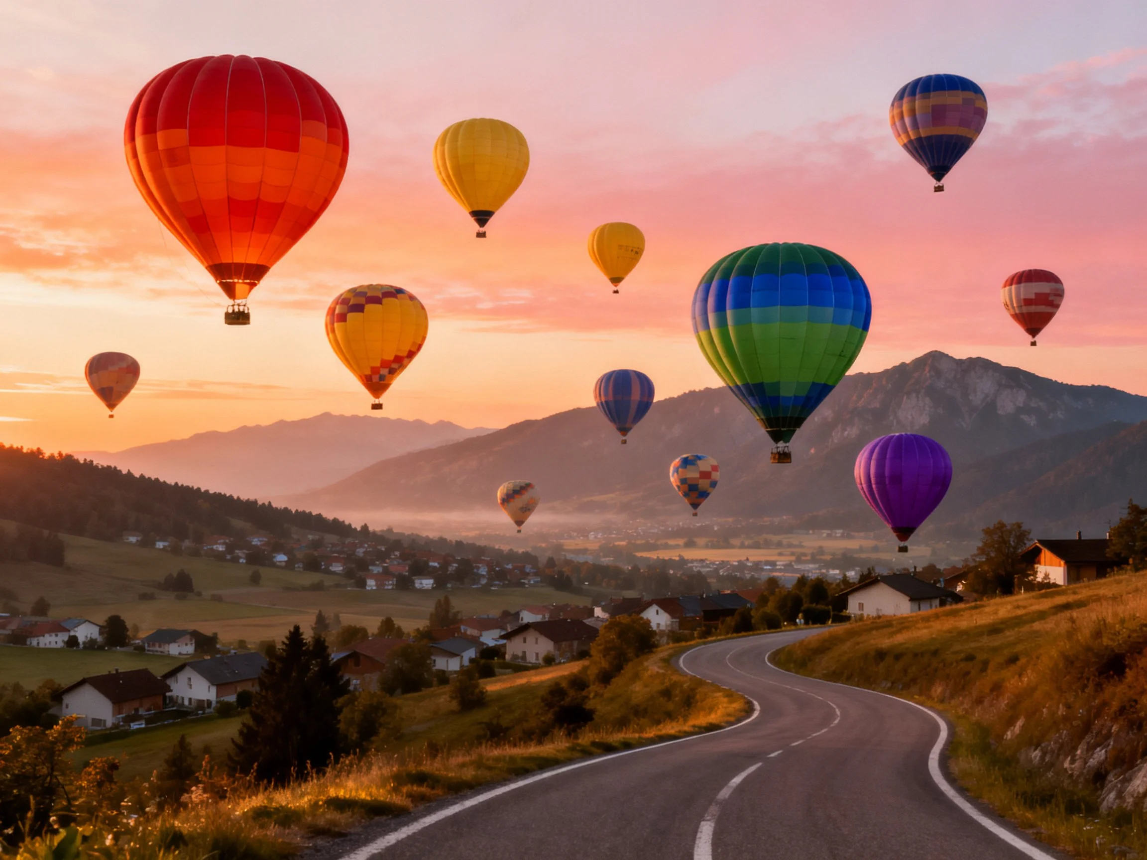 Colorful hot air balloons float over a mountainous village at sunset