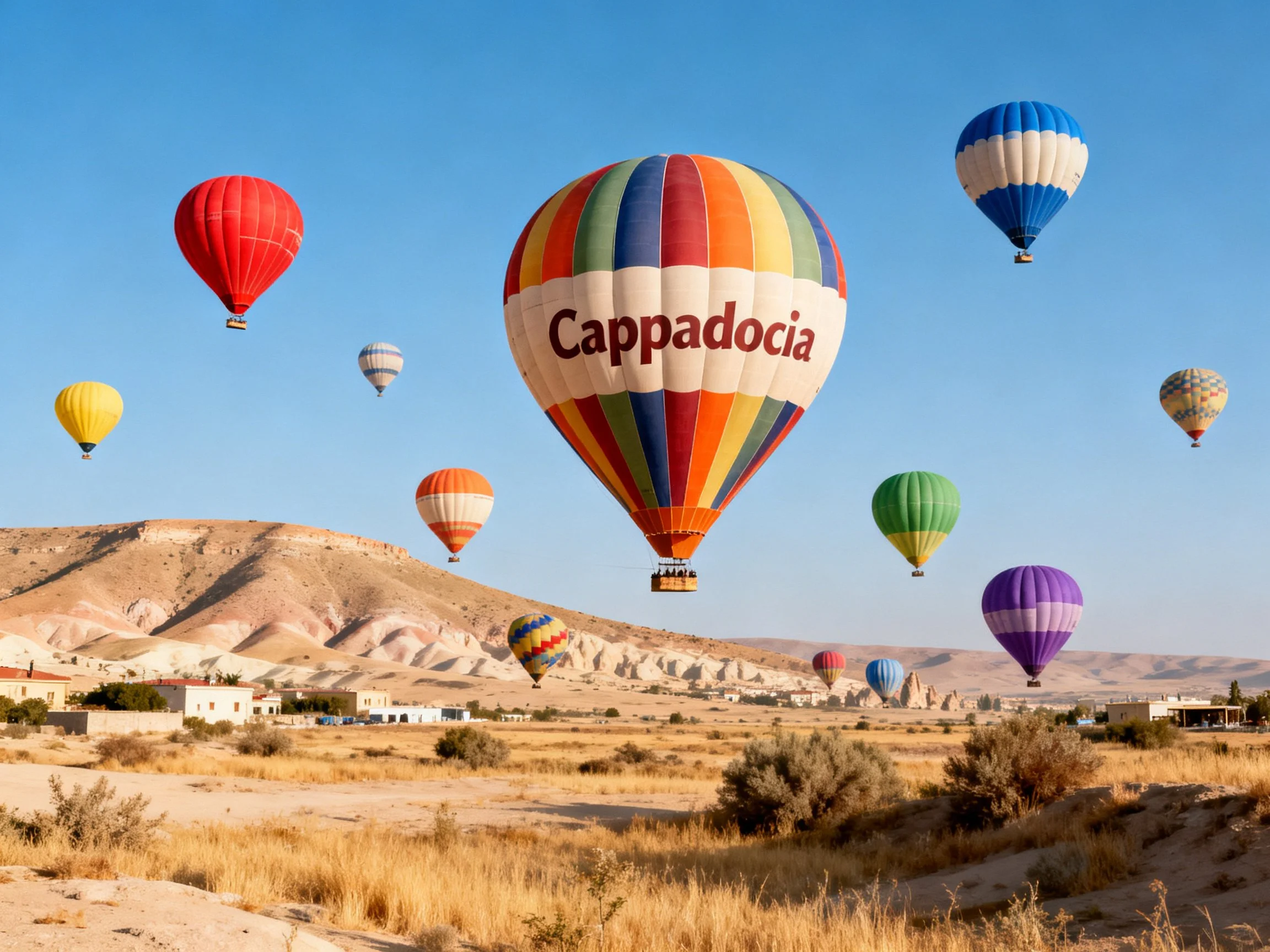 Colorful hot air balloons over Cappadocian landscape