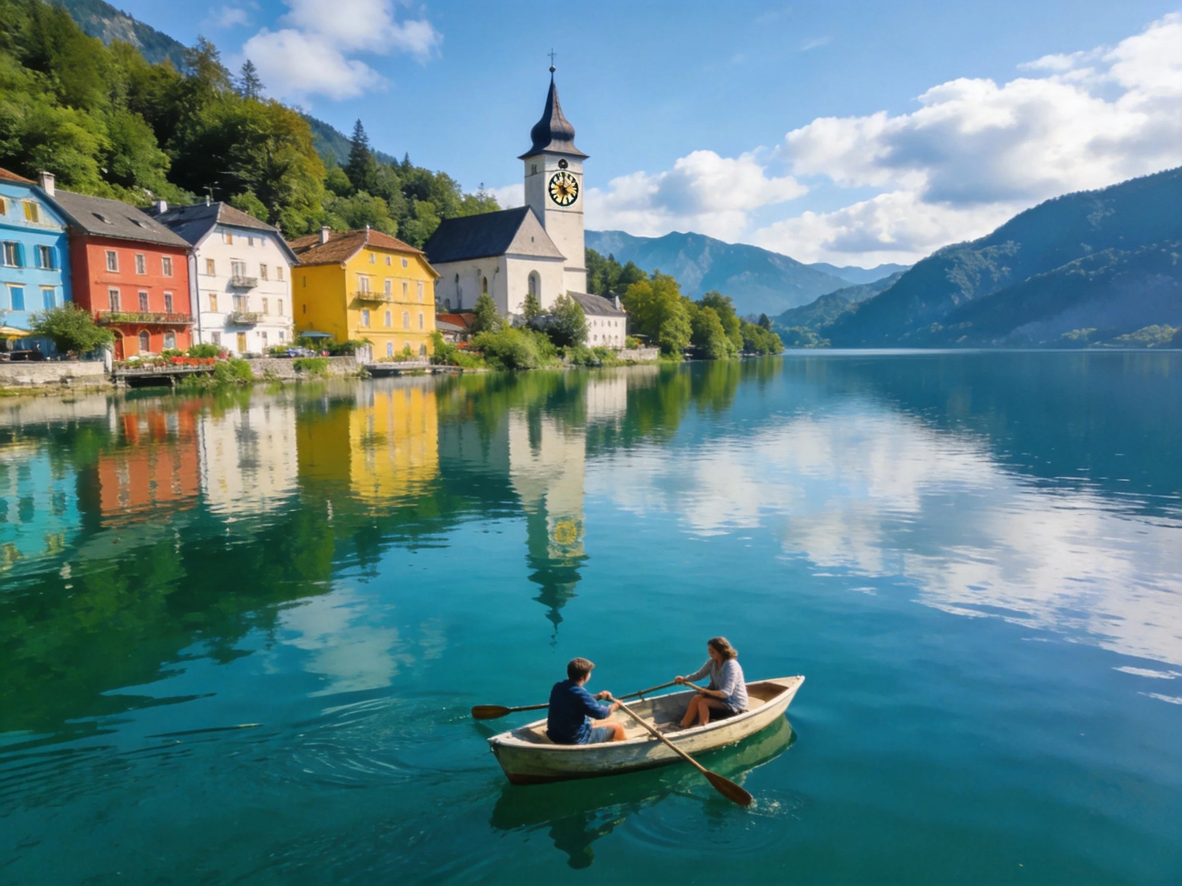 Colorful houses, clock tower, two people row boat on serene turquoise lake
