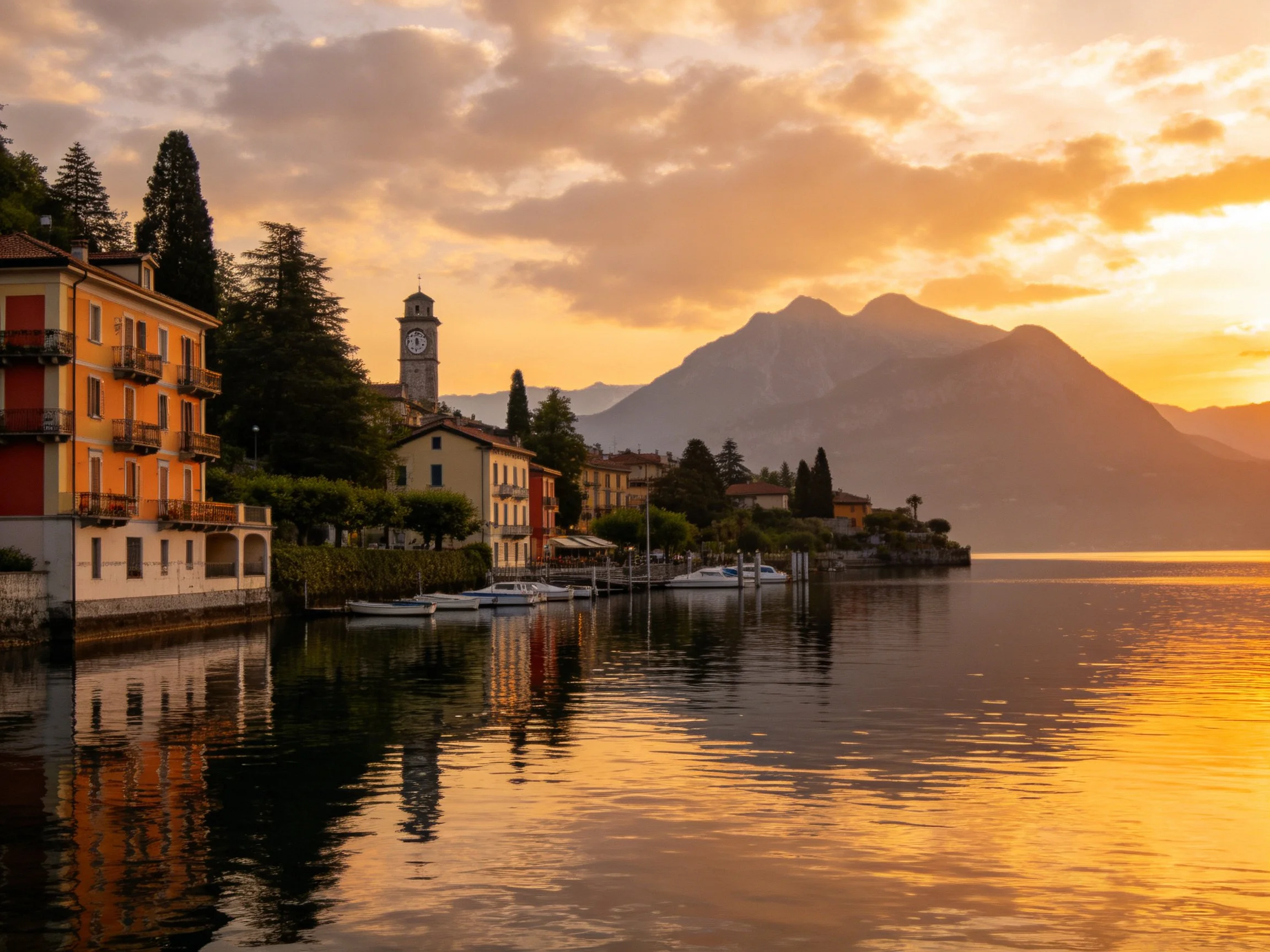 Colorful lakeside town with clock tower, mountains, golden sunset reflections
