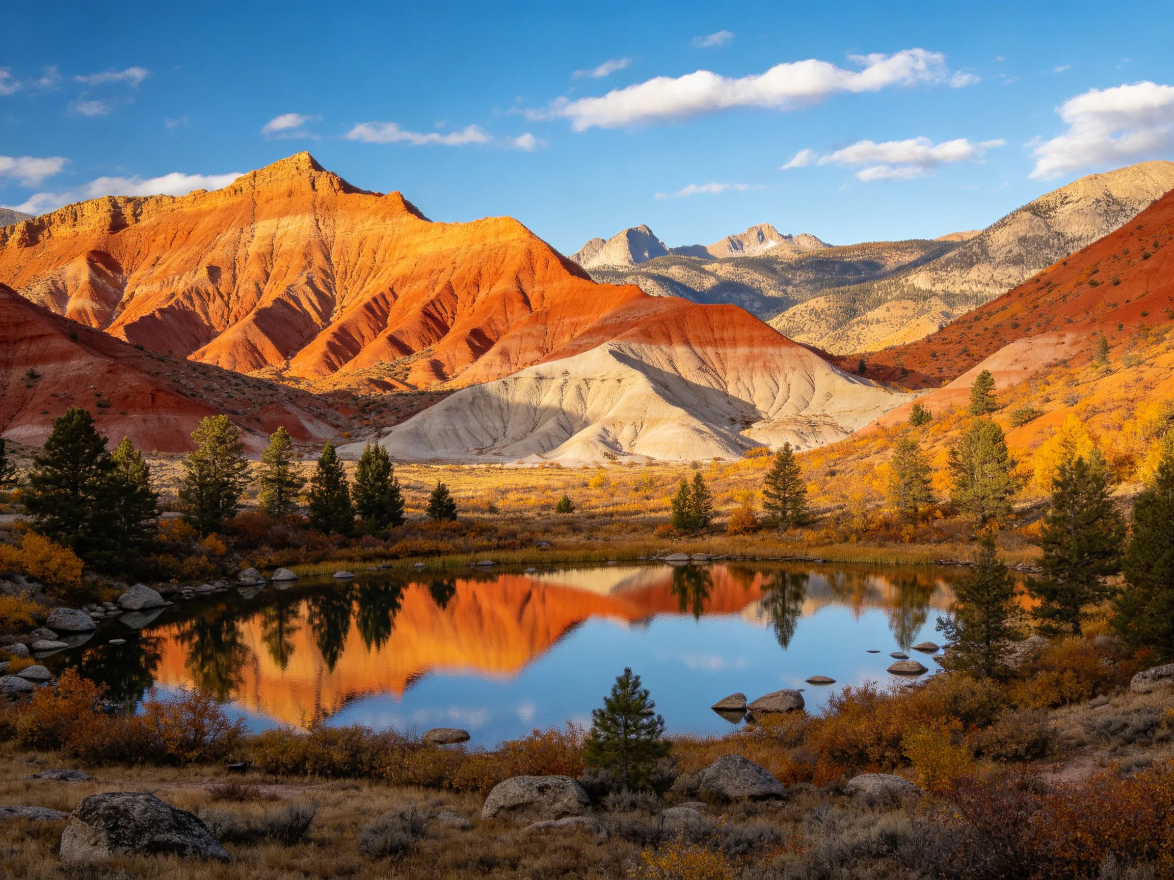 Colorful layered mountains reflect in a tranquil lake with autumn trees