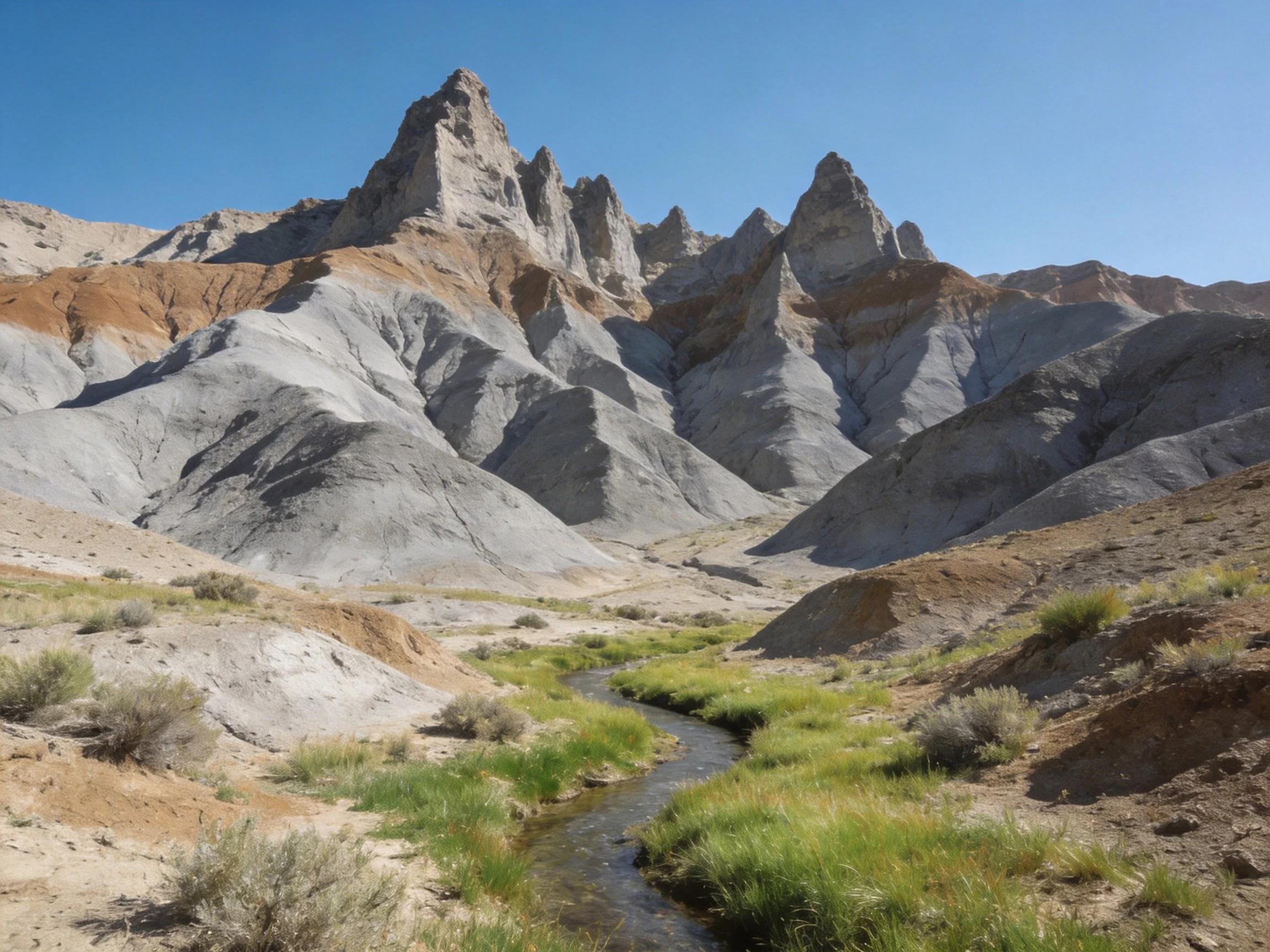 Colorful layered rock formations with a winding stream in desert
