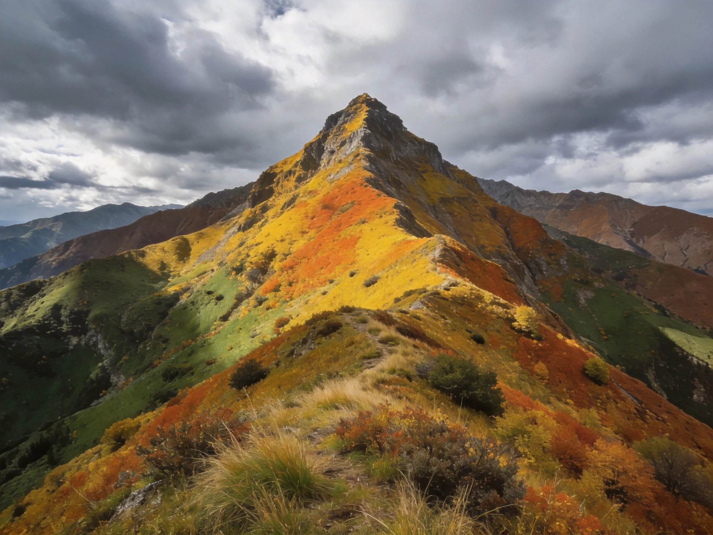 Colorful mountain ridge with autumn foliage under stormy skies
