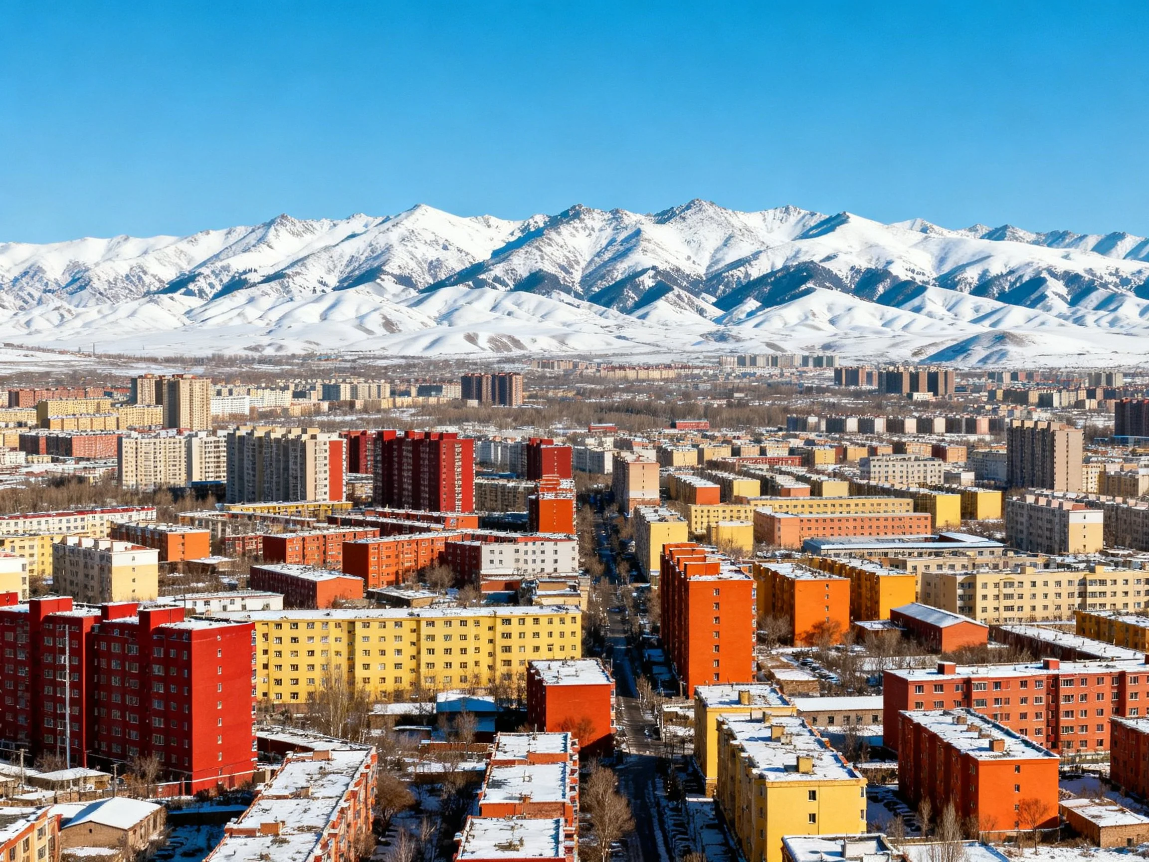 Colorful residential complex with snow-capped mountain backdrop