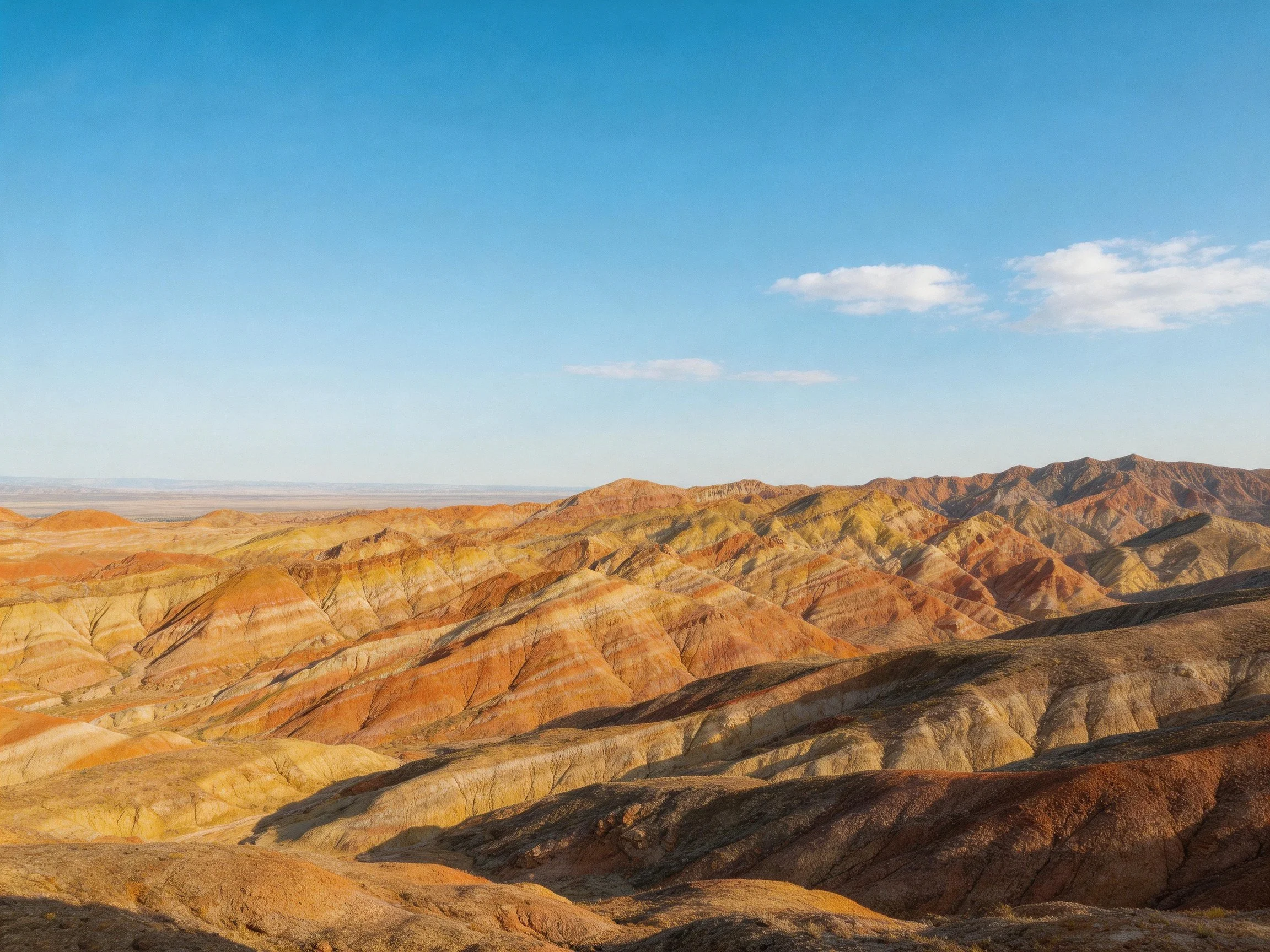 Colorful striped mountain formations with earthy hues under bright blue sky