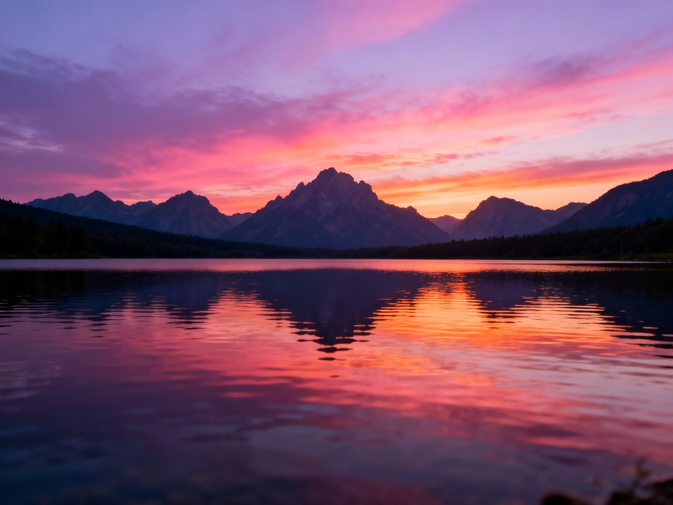 Colorful sunset over mountain peaks reflected in tranquil lake waters