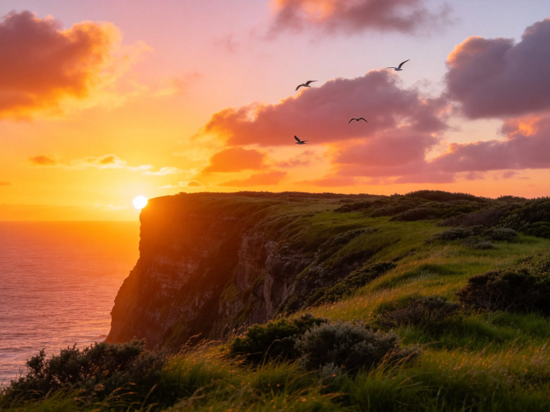 Colorful sunset over rugged cliffside with flying birds