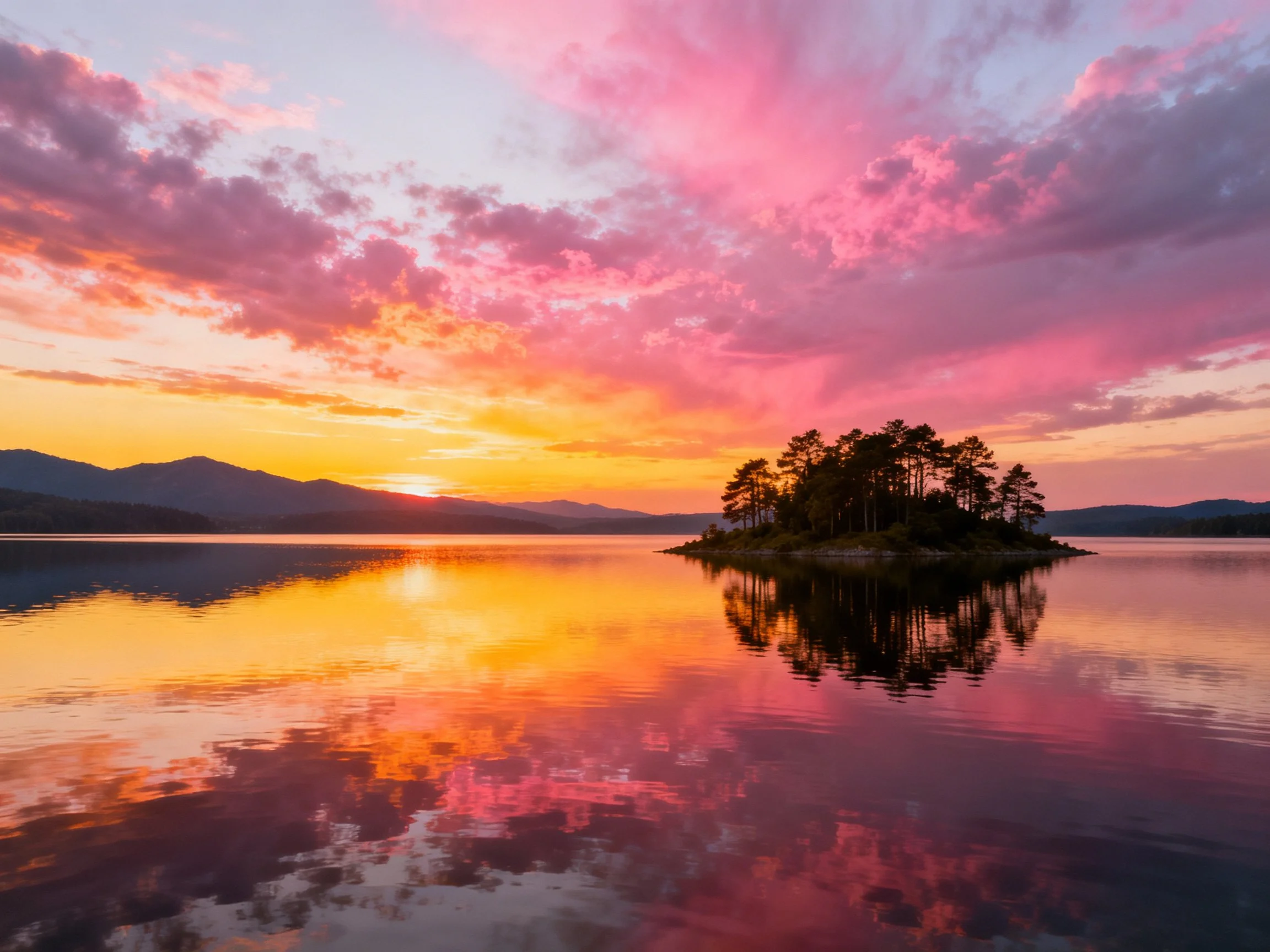 Colorful sunset reflects on calm lake with forested island