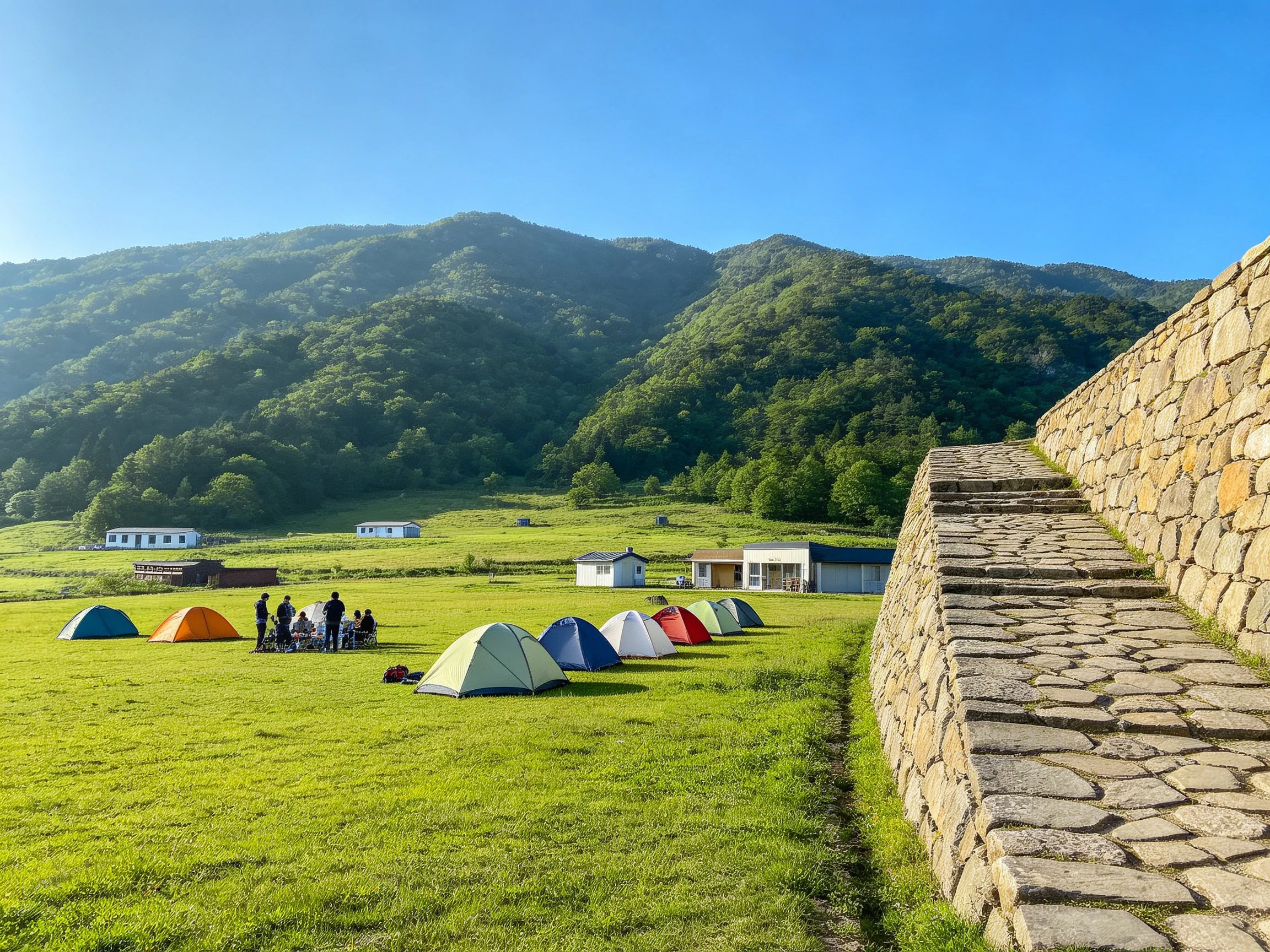 Colorful tents near ancient stone wall by forested mountains