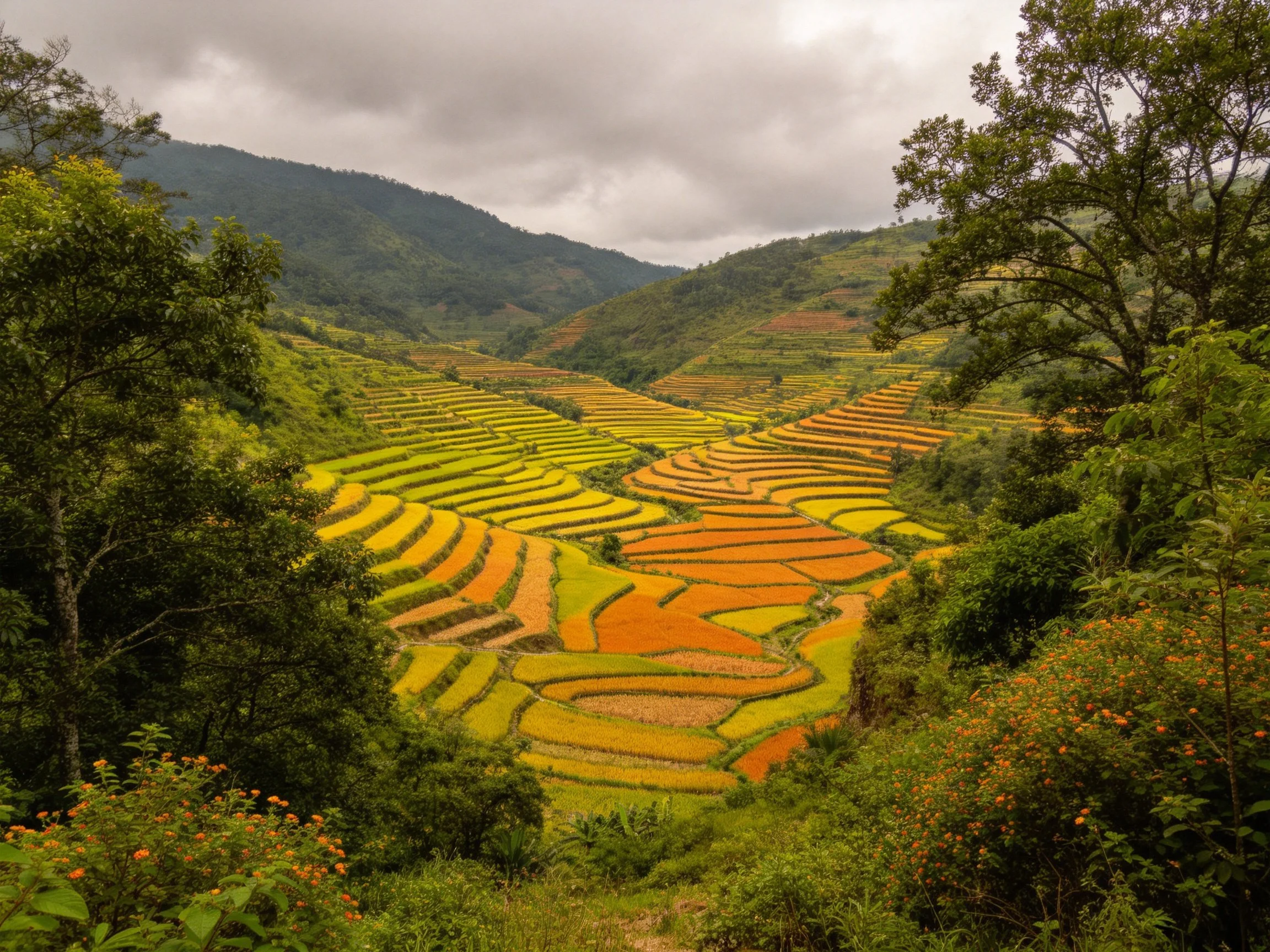 Colorful terraced fields in multicolored patterns near forested mountains