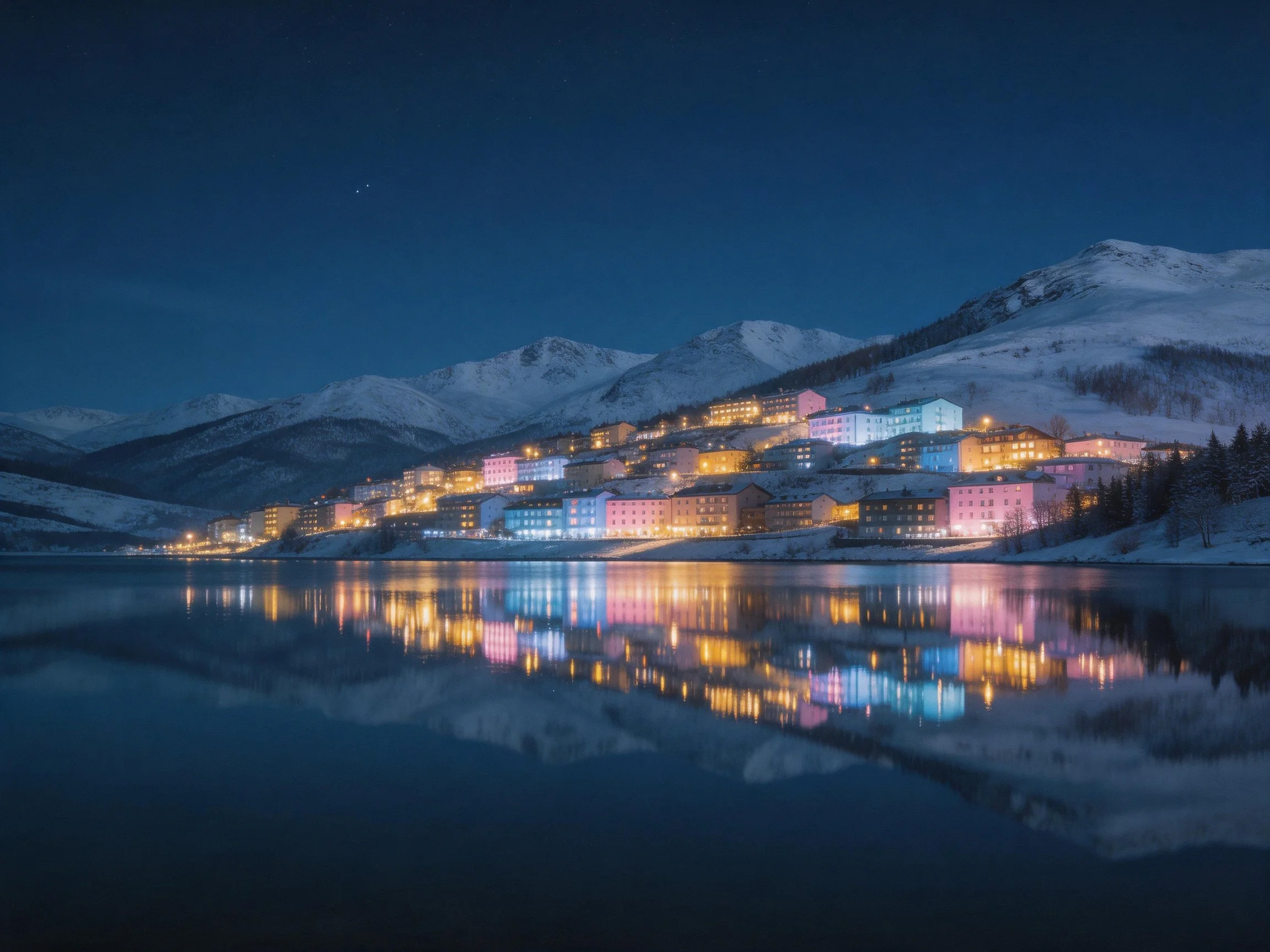 Colorful town lit up against snowy mountain backdrop by reflective lake