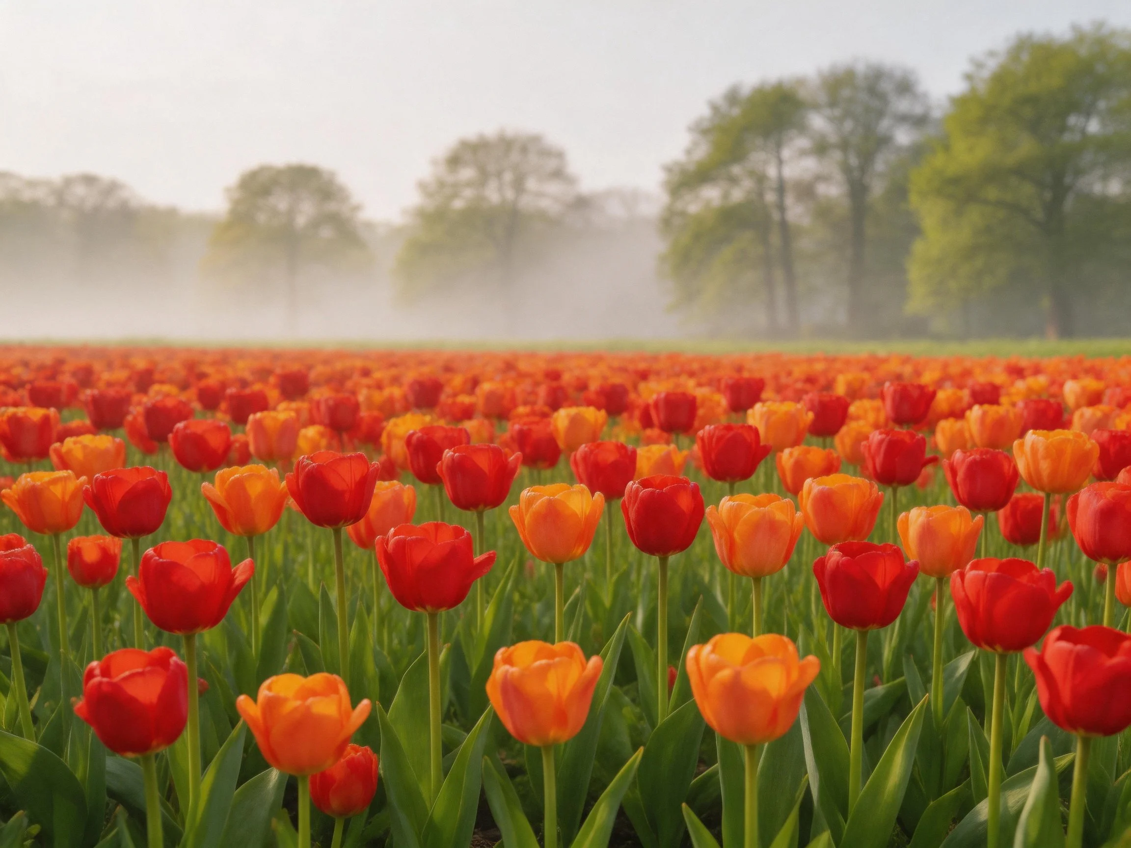Colorful tulip field with morning mist and distant trees