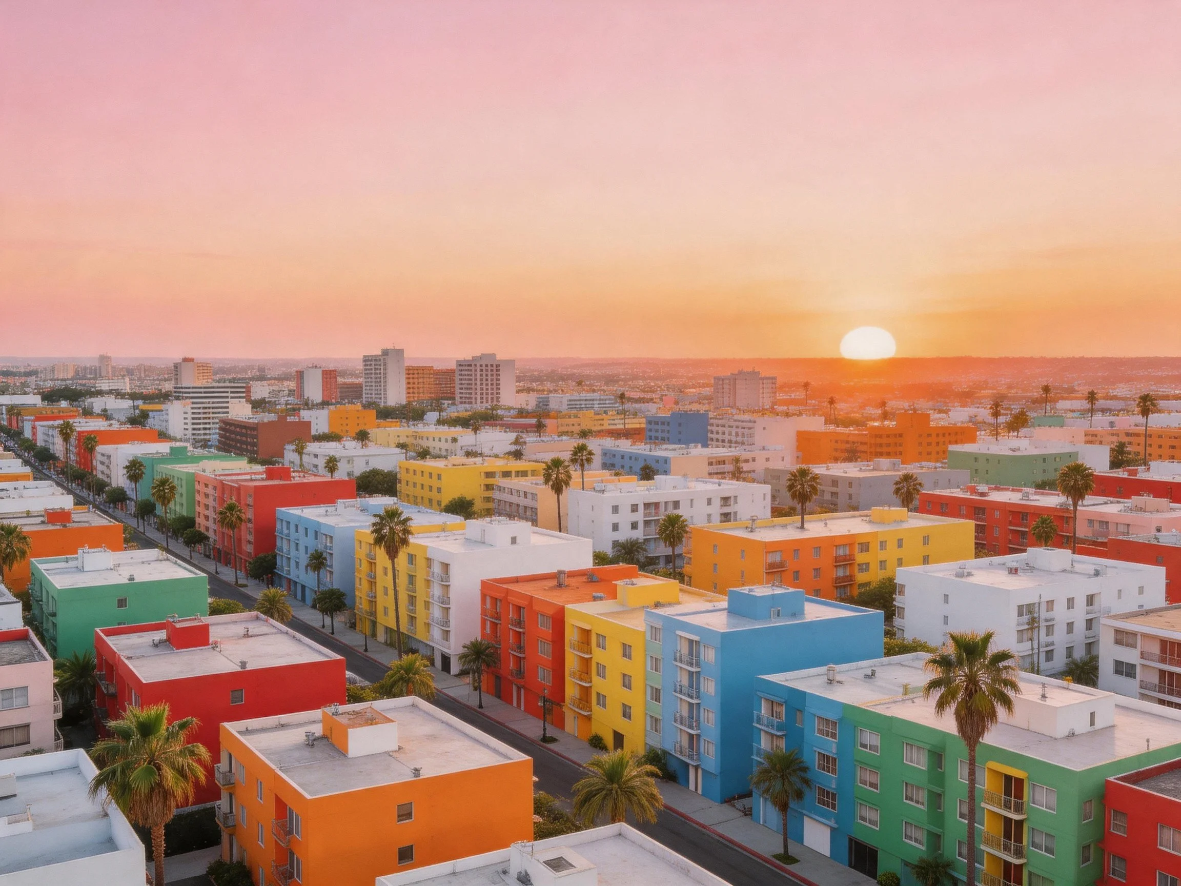 Colorful urban neighborhood with vibrant buildings at sunset