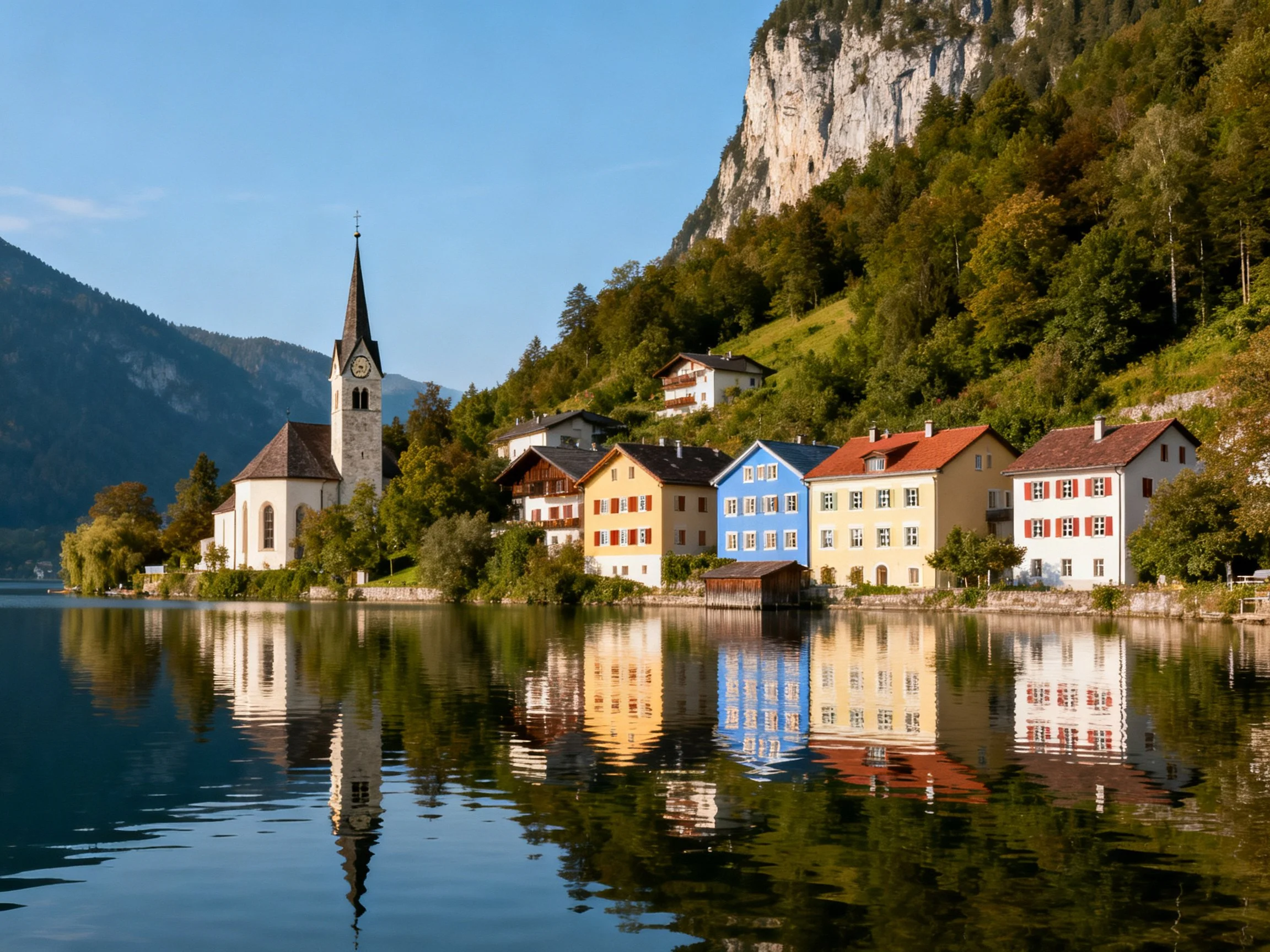Colorful village buildings reflect in calm lake near forested mountain cliffs