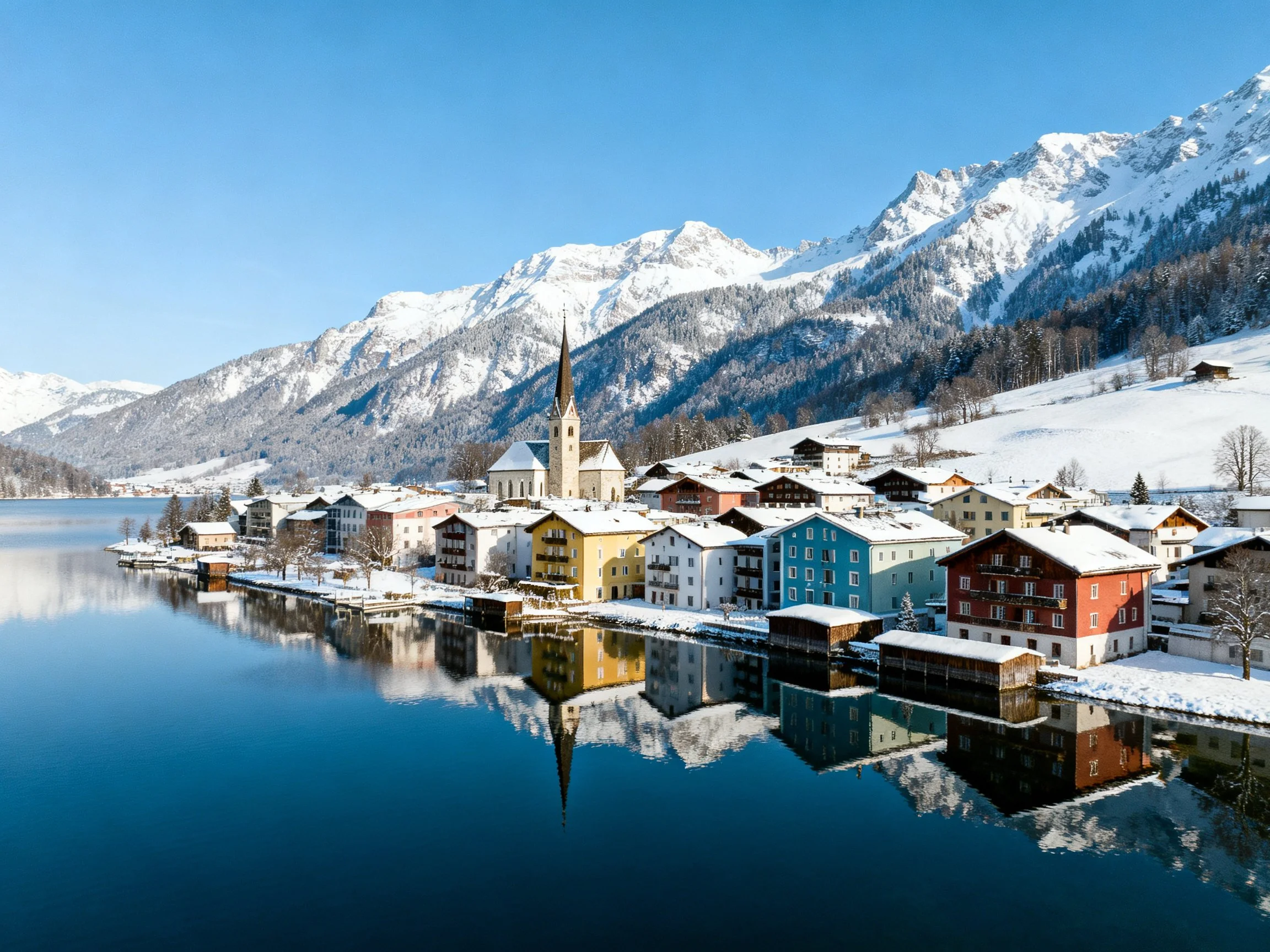 Colorful village by snow-covered mountain lake