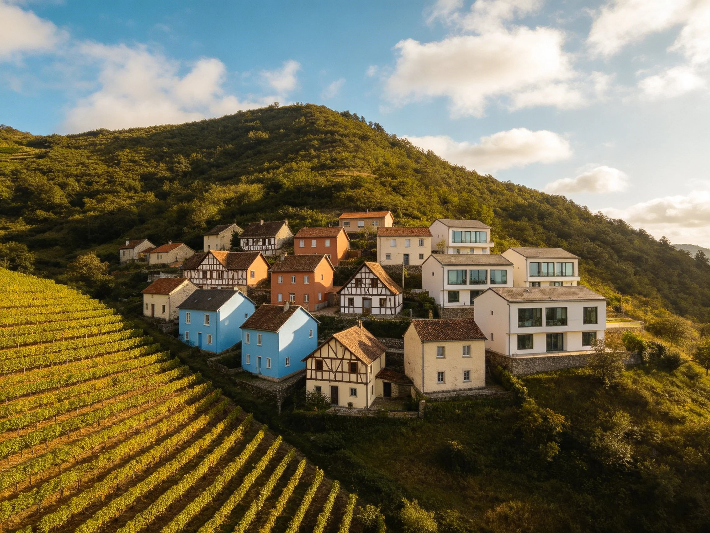 Colorful village homes clustered on a verdant hillside with terraced vineyards