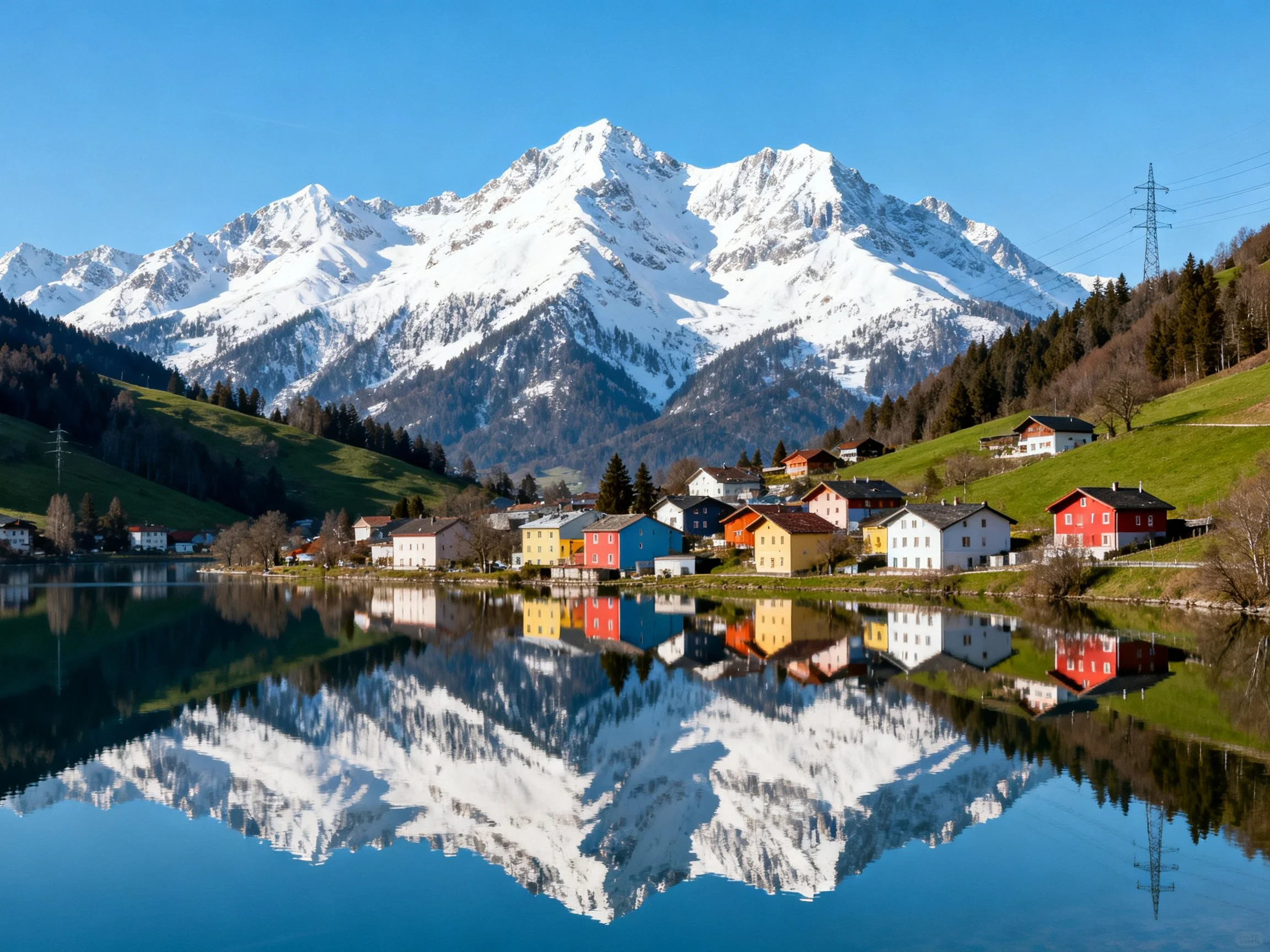 Colorful village homes reflected in calm lake with snowy mountain range