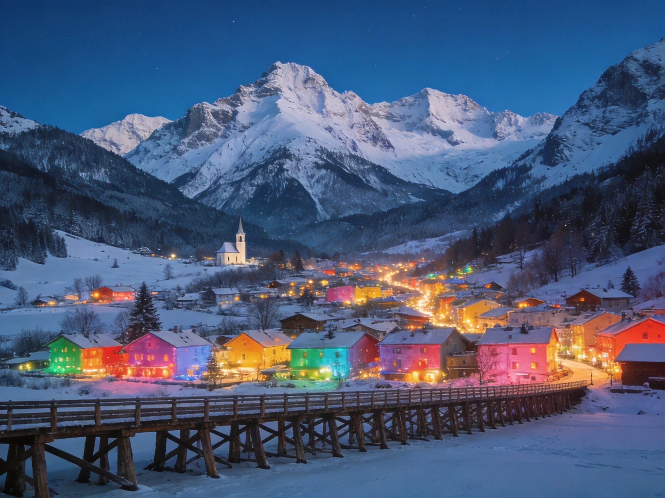 Colorful village nestled among snow-capped mountains at twilight