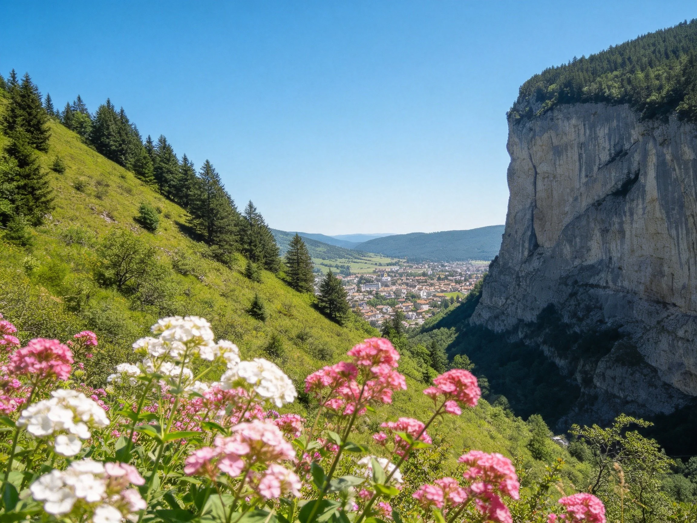 Colorful wildflowers beside dramatic cliffside mountain view