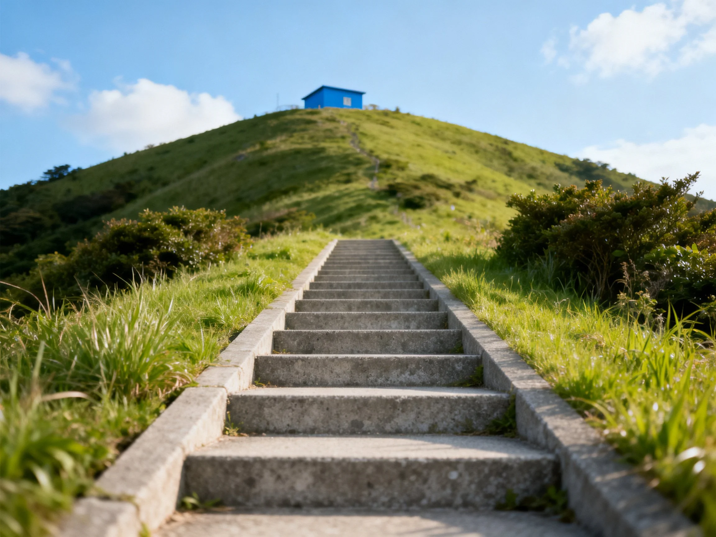 Concrete stairs ascend a grassy hill with a blue structure atop