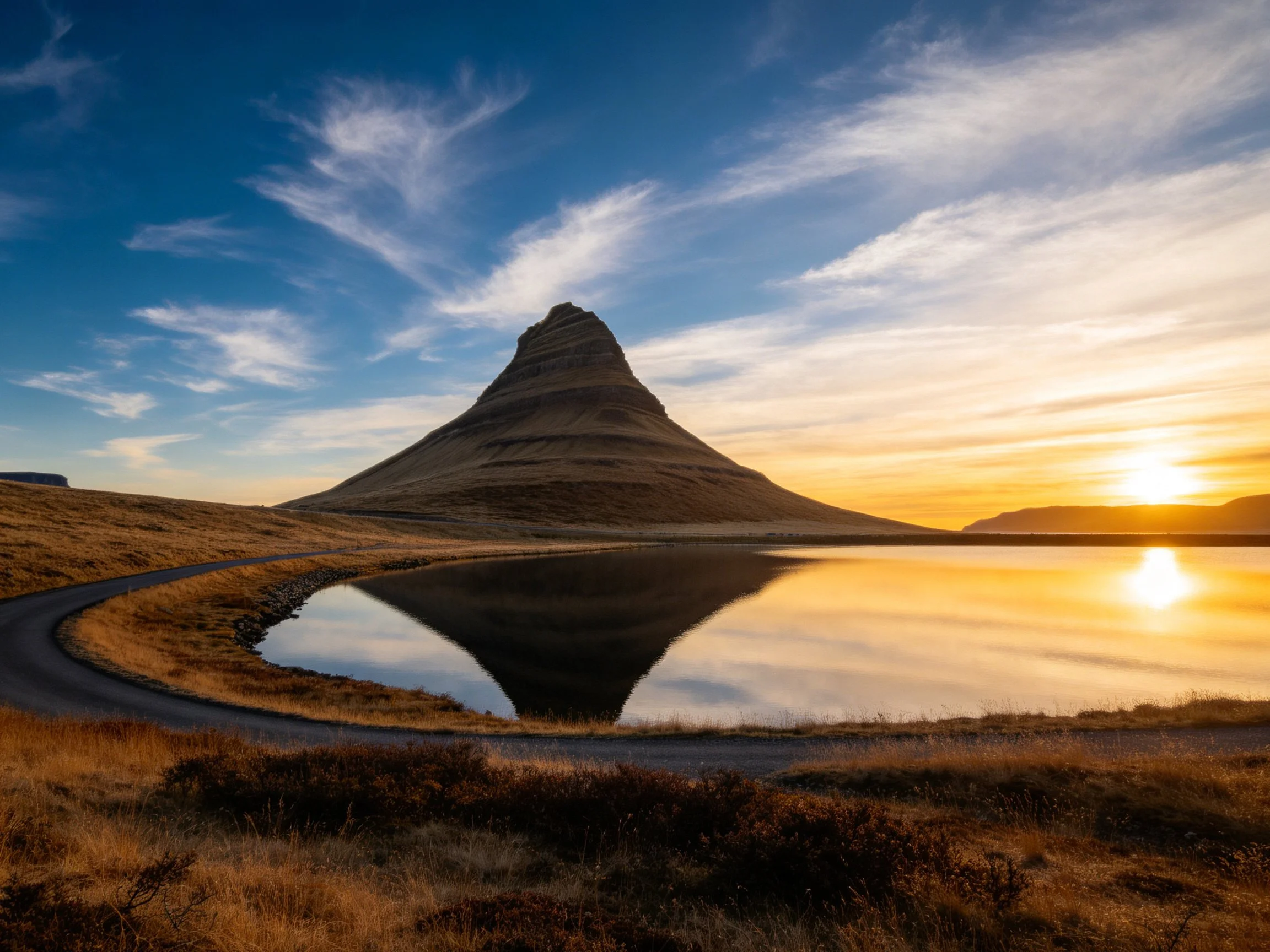 Conical mountain reflected in still lake under vibrant sky