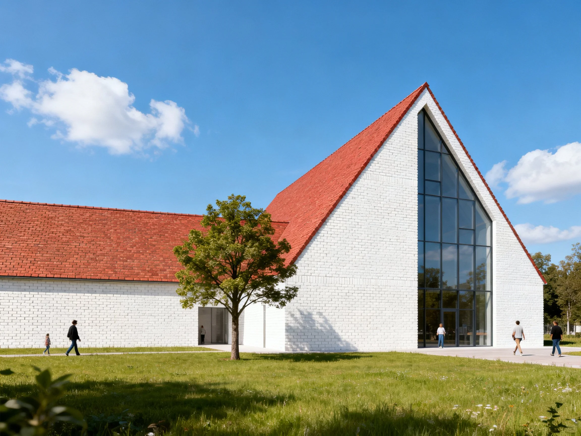 Contemporary white-brick building with red roof and large glass facade